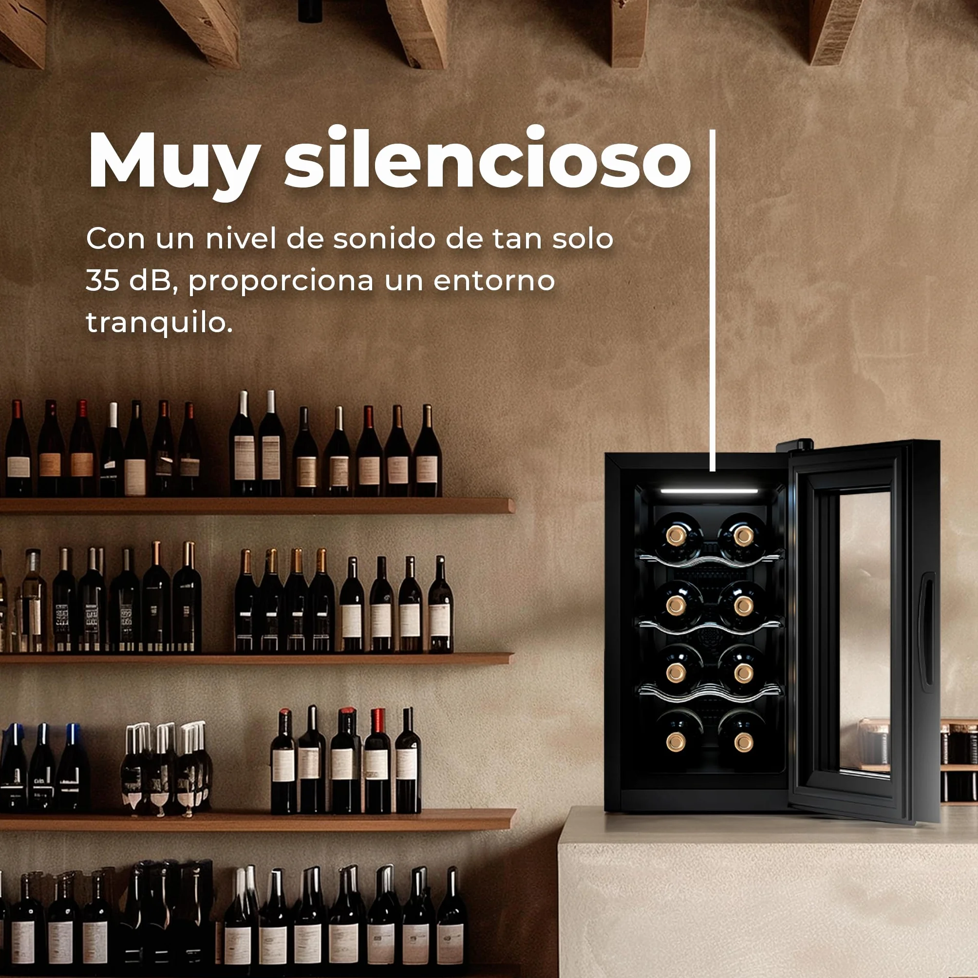 EVVO Vinoteca VT8 - Enfriador de Botellas de Vino, Nevera Pequeña para 8 Botellas, Enfriador de Vino Silencioso, Control Táctil, Luz LED, Botellero Vertical, Temperatura Ajustable 8-18ºC