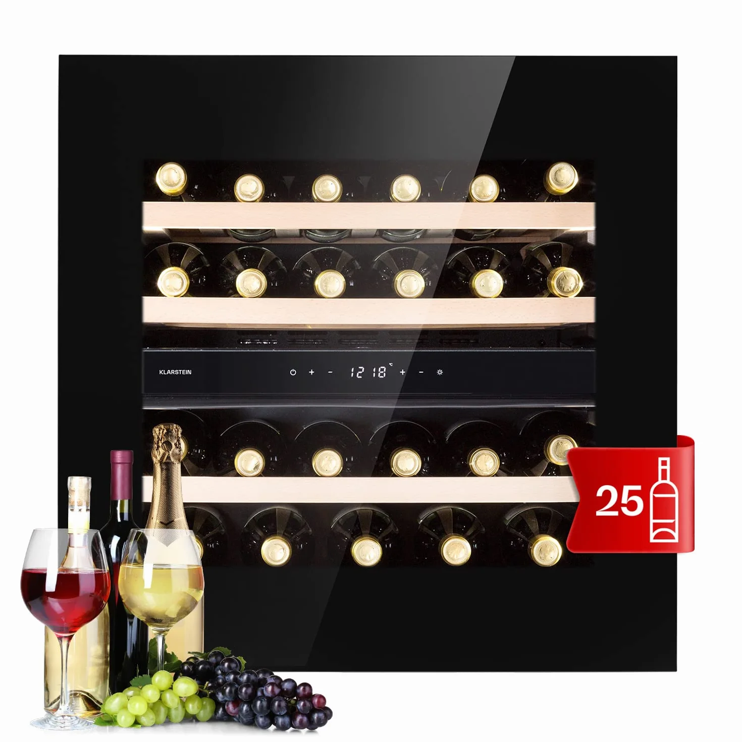 Klarstein Vinoteca de Pie, Nevera para Vinos de Dos Zonas Refrigeración, Nevera para Cervezas Pequeña de Interior/Exterior Puerta de Cristal, Nevera Protección UV, 5-18°C, Botellero 25 Botellas