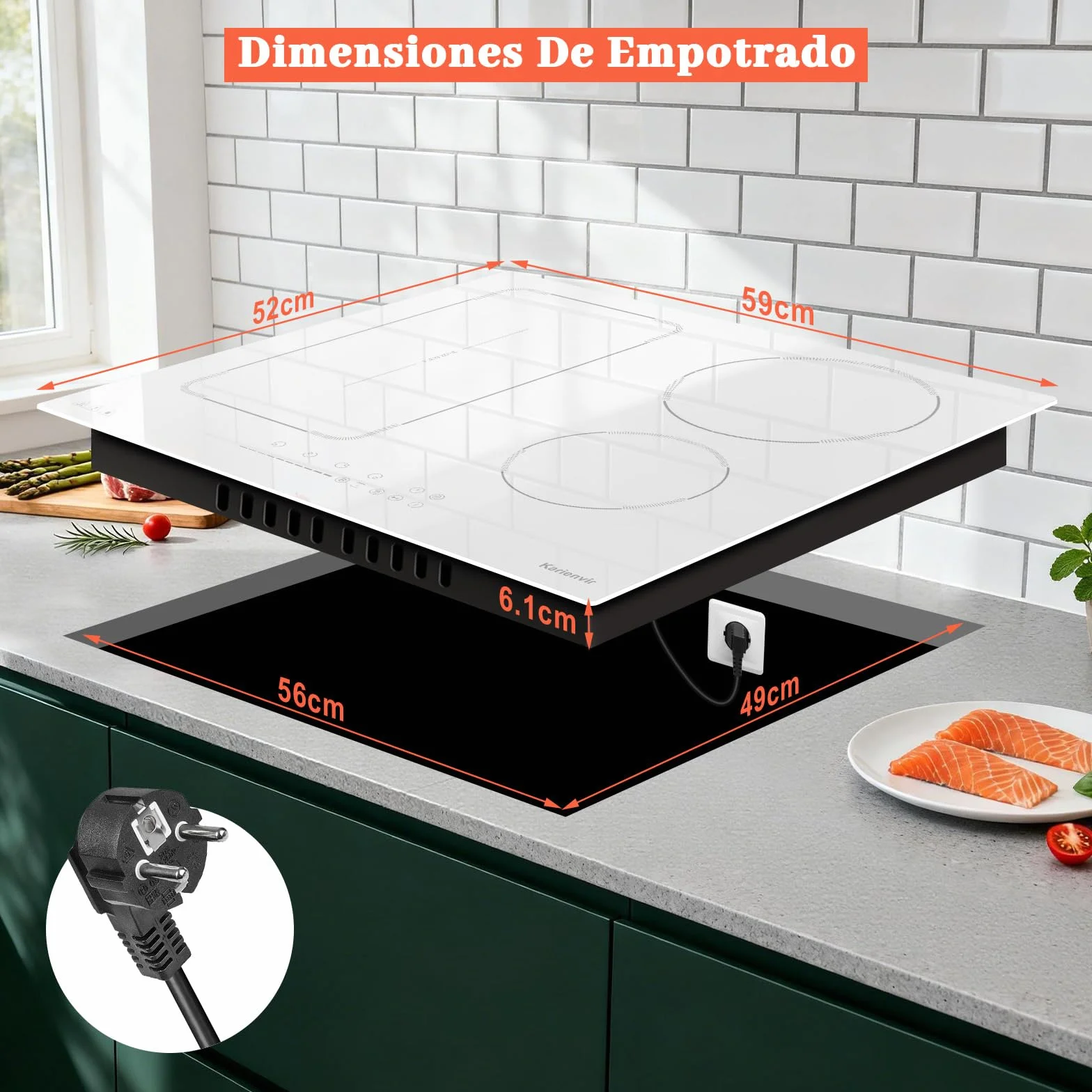 Placa Inducción 4 Fuegos con Zona Flexible y Enchufe, Placa Induccion Empotrable 60 cm con Boost, Vitroceramica Induccion con Pantalla Táctil, Bloqueo de Seguridad, Pausa, Temporizador, Blanca
