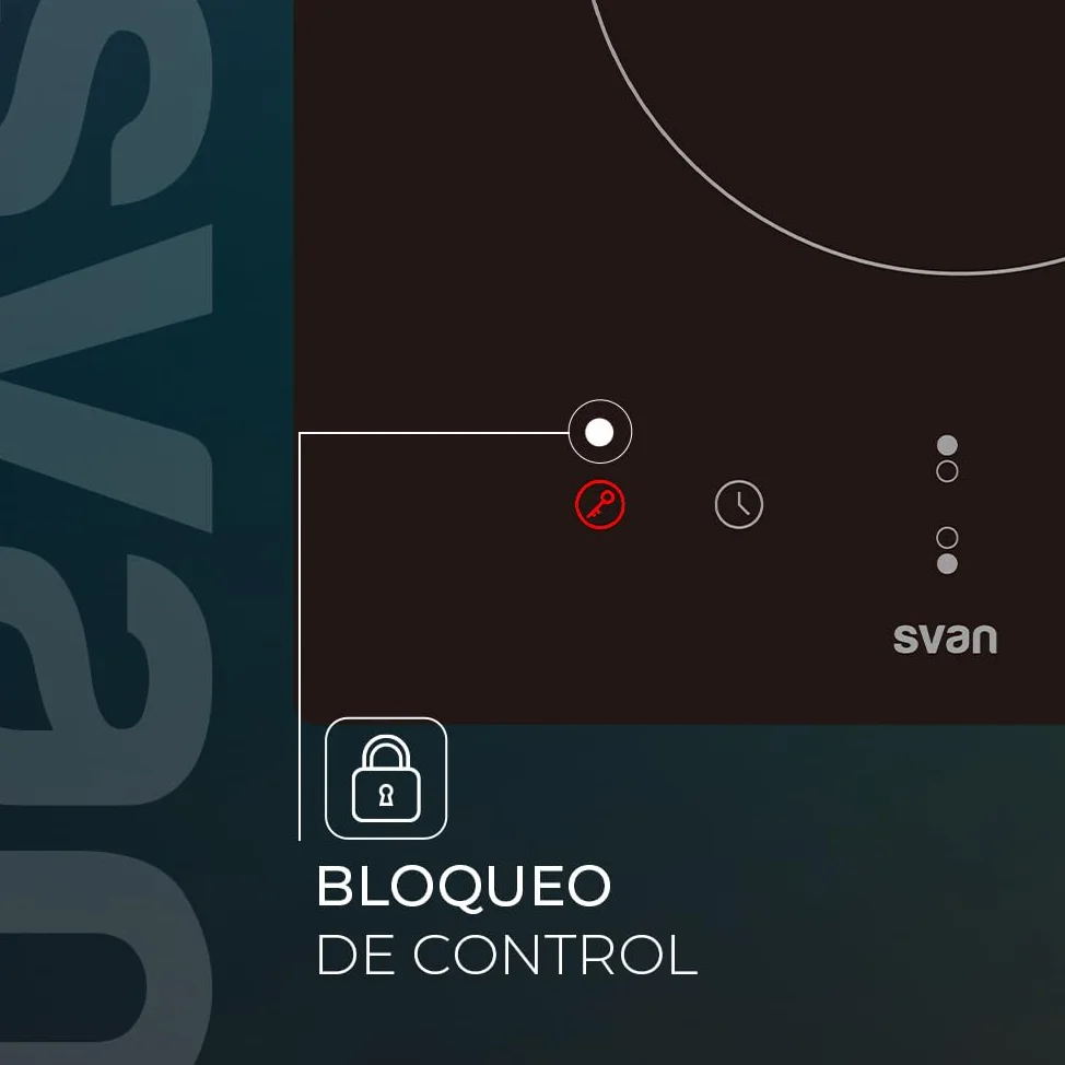 Svan Placa Vitrocerámica Cristal negro SV2301. Potencia máx. 3000 W, 2 Zonas de Cocción, 9 Niveles de Cocción, Control Táctil, Bloqueo y Autodesconexión de Seguridad