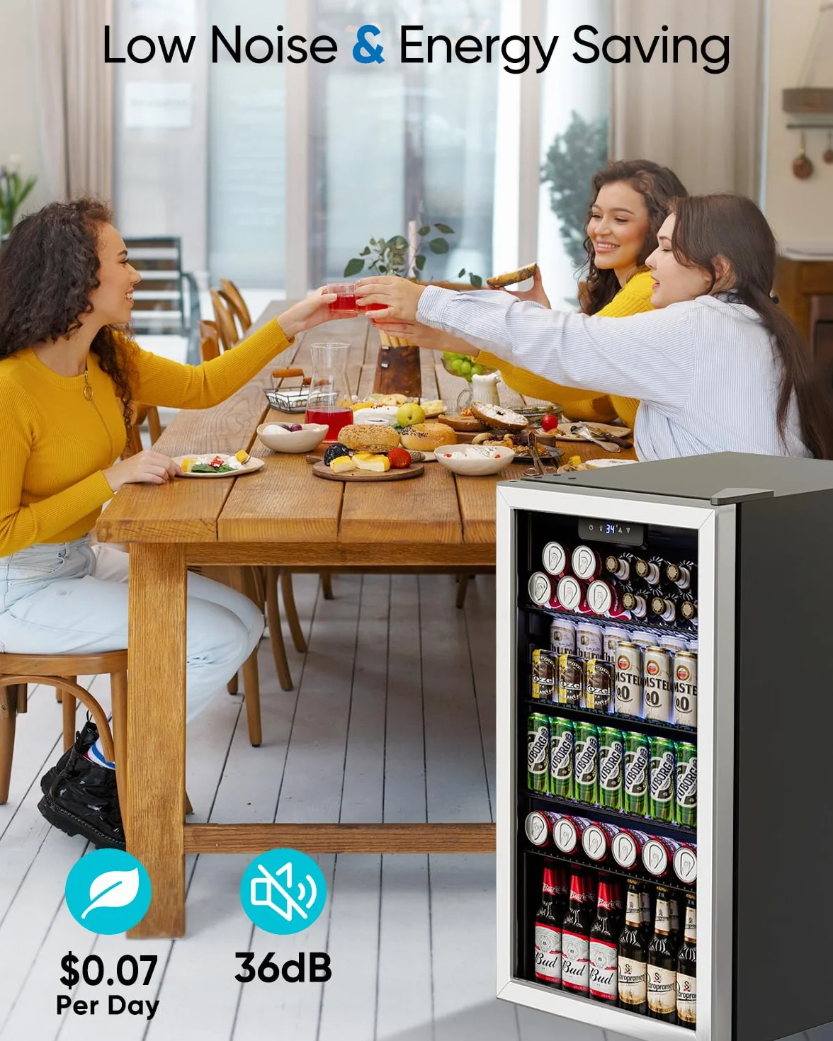Feelfunn - Refrigerador y enfriador de bebidas, 126 latas, mini puerta de vidrio para refrescos, cerveza, vino, nevera de bebidas no empotrado para el hogar, oficina, bar, 4 estantes ajustables, 3.2