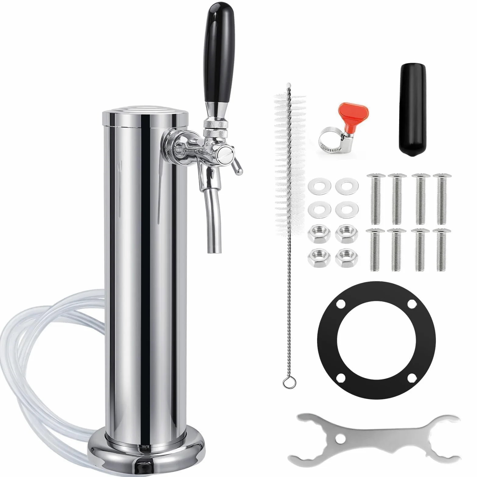 Torre Kegerator ajustable, piezas de Kegerator de un solo grifo | Control de flujo, grifo de cerveza de núcleo de acero inoxidable 304, incluye tubo premontado y resortes de cierre automático