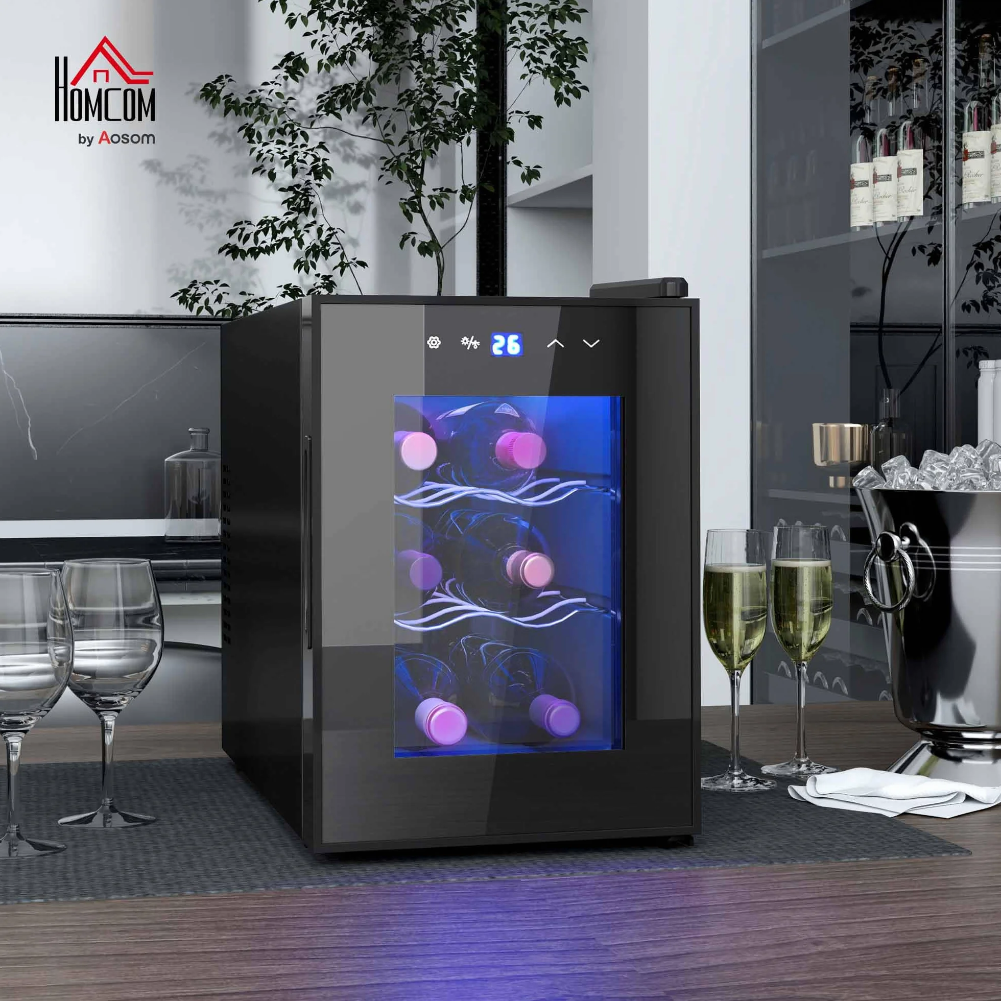 HOMCOM Vinoteca 6 Botellas, Nevera para Vinos con Doble Refrigeración Termoeléctrica, Temperatura Ajustable 8-18℃, Puerta de Vidrio, Anti-UV, Pantalla LED, Luz Interior, Negro