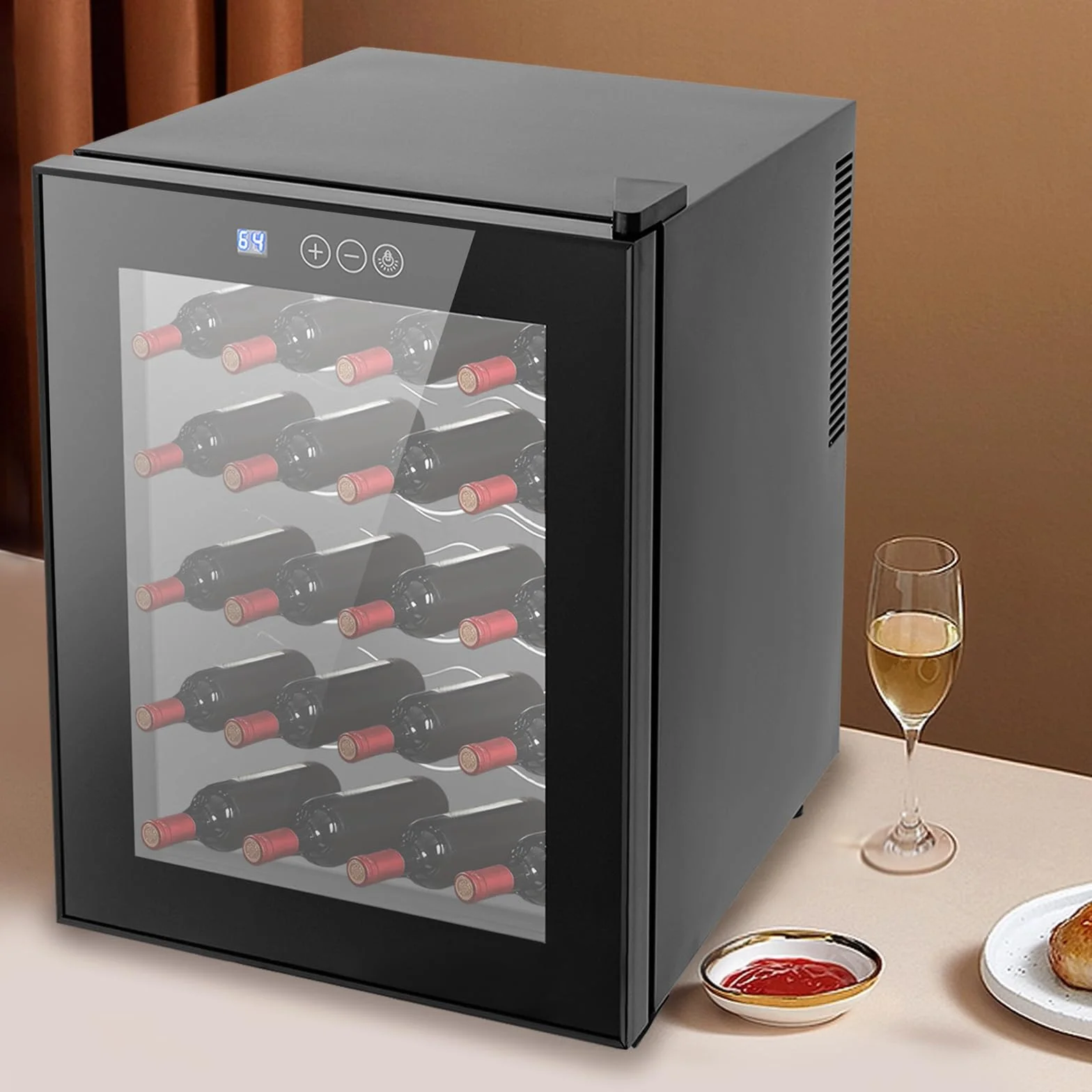 Nevera para vino, 20 botellas, 48 L, iluminación LED, enfriador de vino, pantalla táctil, puerta de cristal reforzada, vino independiente, rango de temperatura 12 – 18 °C, 50,2 x 40 x 53 cm