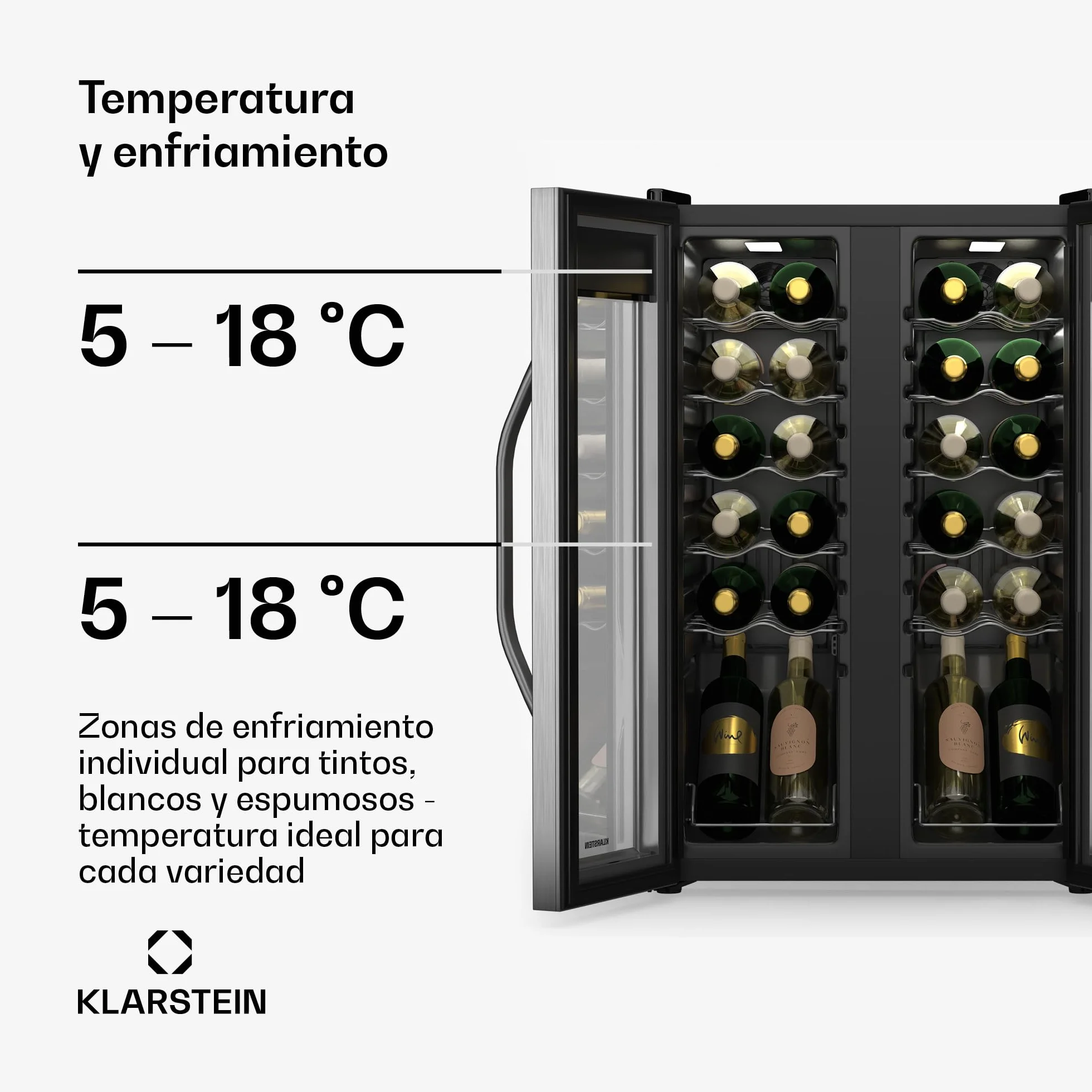 KLARSTEIN Vinamour nevera para vino 2 zonas - 24 botellas, 5-18°C, control táctil, iluminación LED, independiente, acero inoxidable doble puerta, nevera para vino