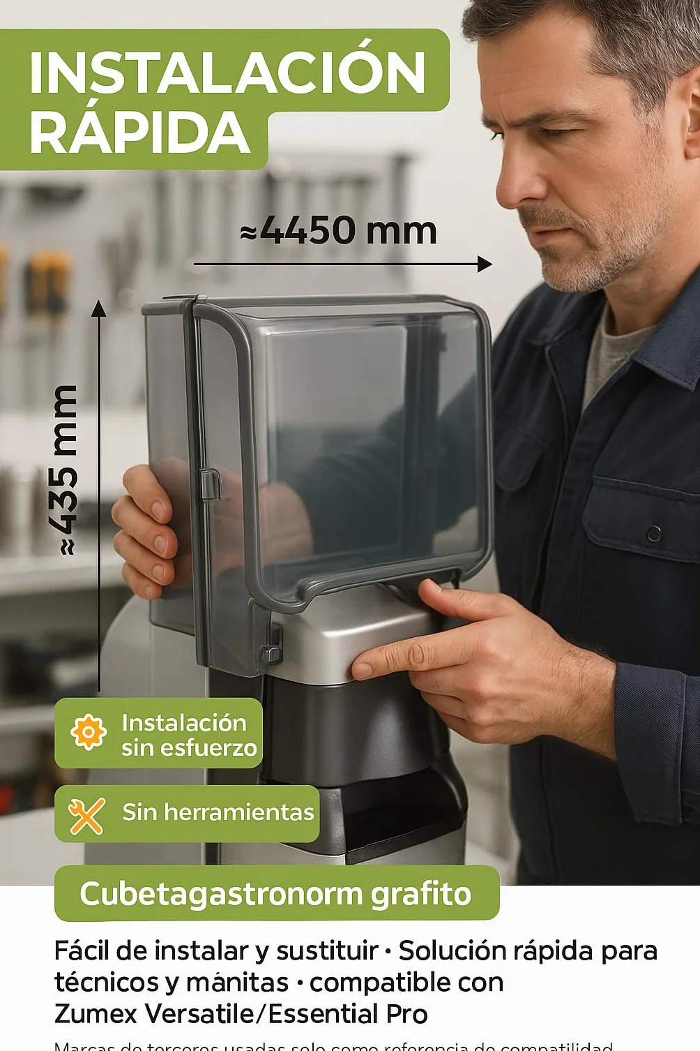 CubetasGastronorm Cubierta Delantera Tapa Frontal Plástico Grafito con Perfil Silicona para Exprimidor compatible Zumex Versatile Essential Pro Ref S3300930:01 450x435 mm Recambio Profesional Original