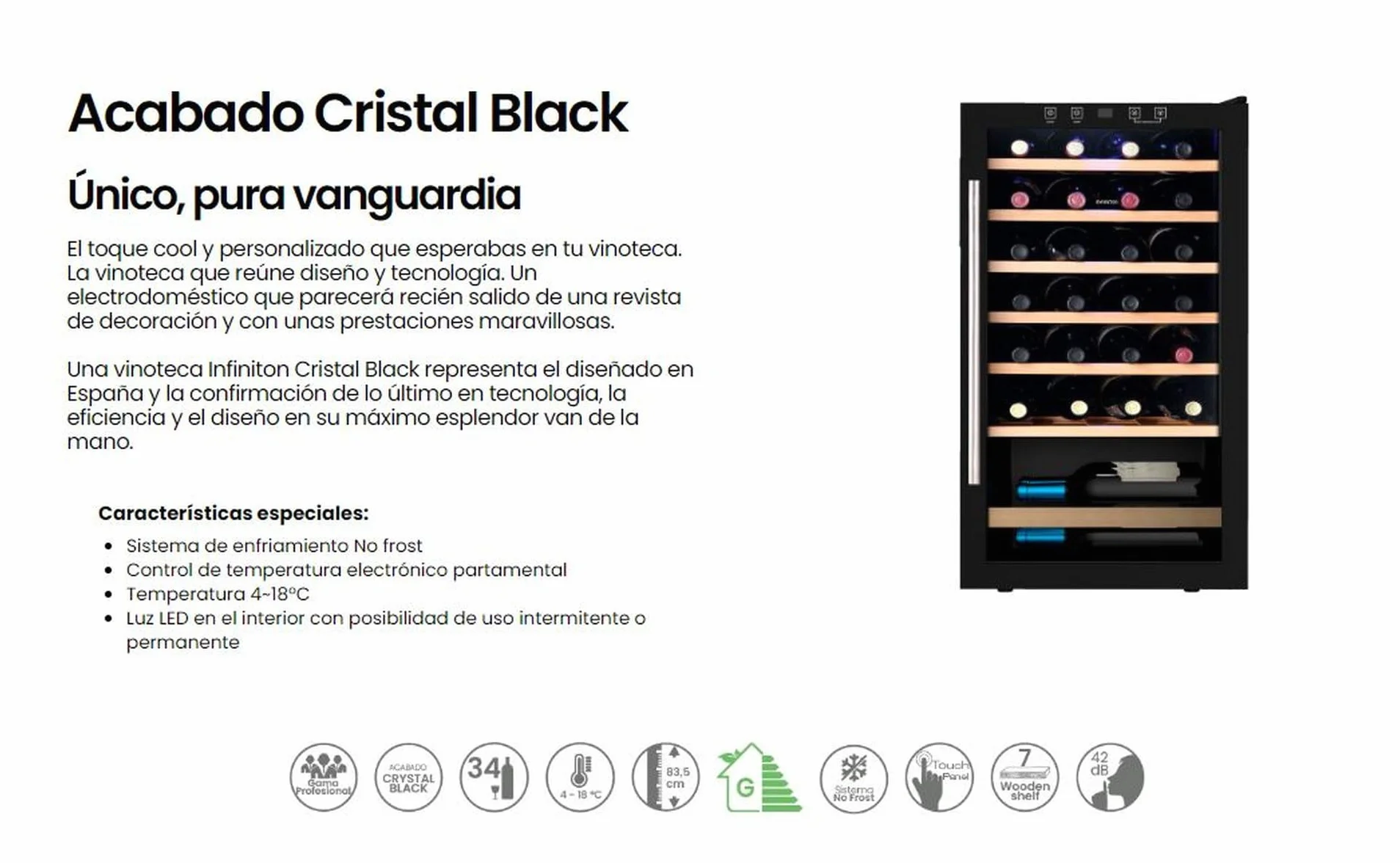 INFINITON Vinoteca WFL-34C, 34 Botellas, Luz LED en el interior, Sistema de enfriamiento No frost, Acabado exterior Crystal BLACK, Tirador exterior de acero inoxidable, G