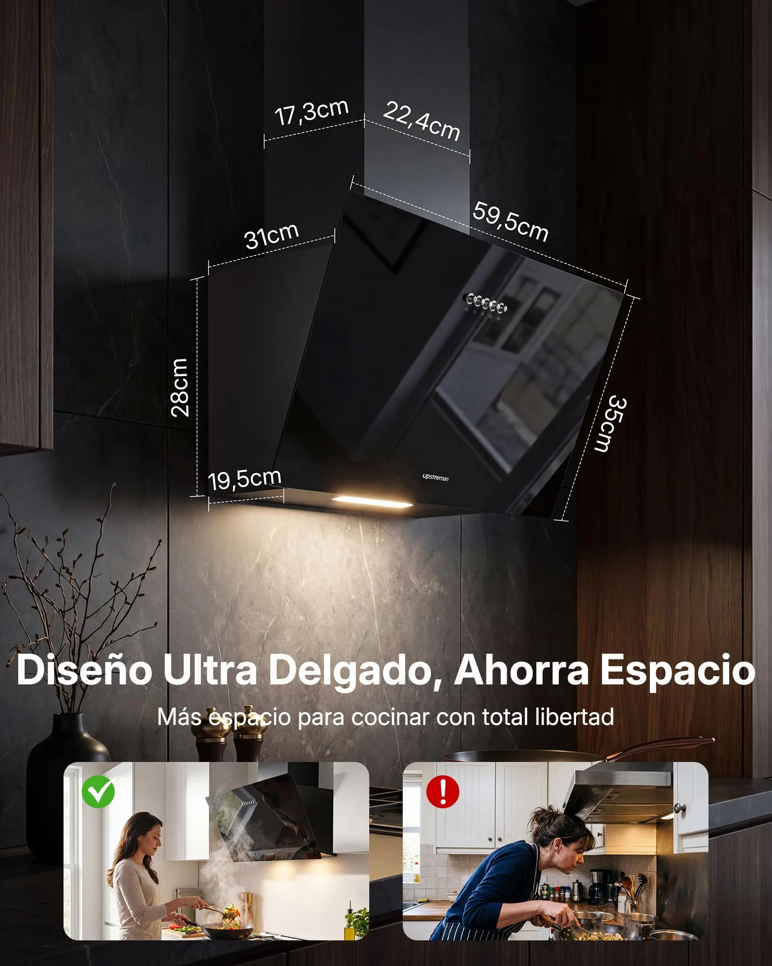 Upstreman Campana Extractora 60 cm, A+++, 56 dB, Diseño Inclinado | 3 vel (324 m³/h), bajo consumo 7 kWh, evita golpes, visión despejada, filtros carbón, LED, filtro lavable, cristal templado