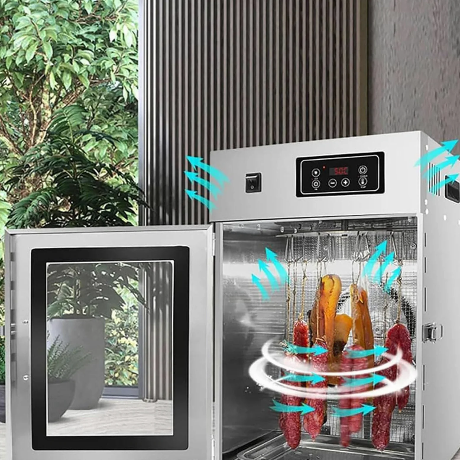 Secador de alimentos comercial, 800 W, rotativo, automático, con pantalla LED de control táctil, secador de grado industrial de 30 a 90 ℃ para salchichas, tocino, cecina