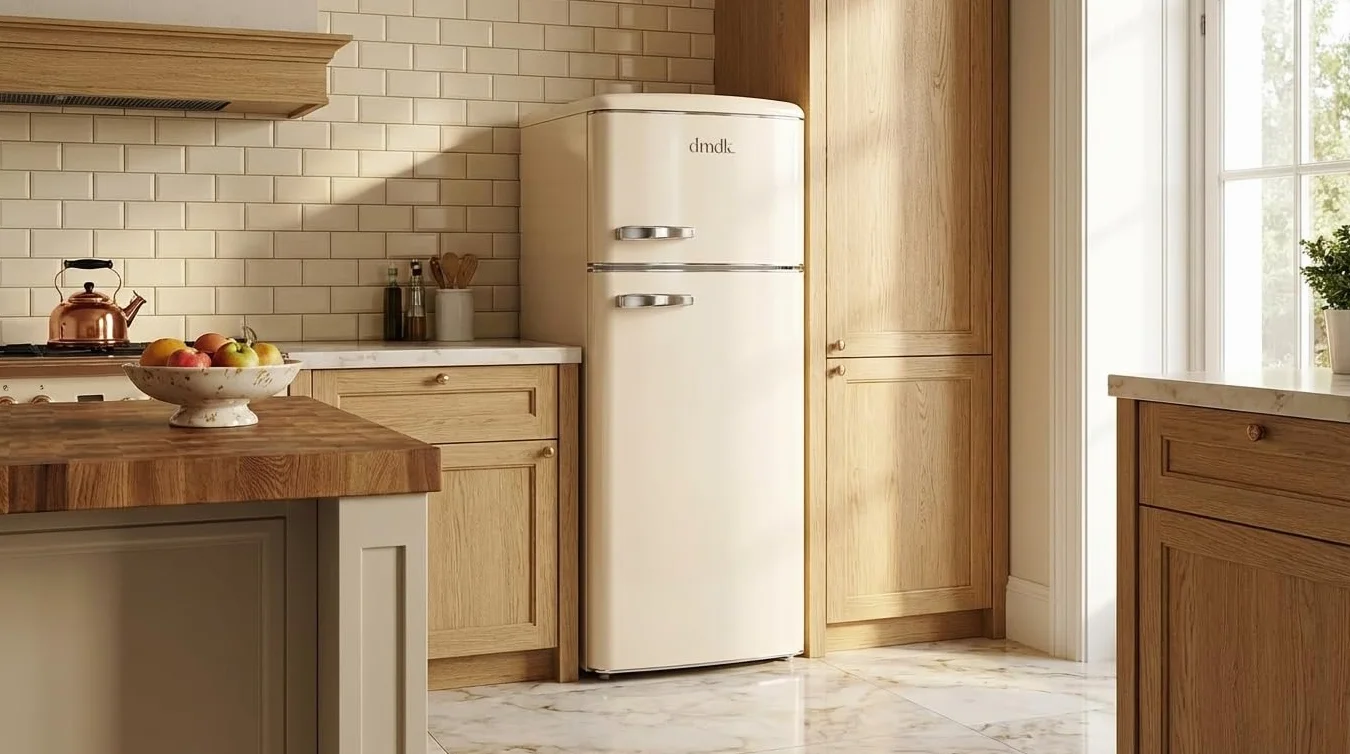 DMDK DKC2 Independiente Refrigerador/Congelador, 206 L Contenido neto, 4 estantes ajustables, bandeja grande para verduras, crema, clase energética E