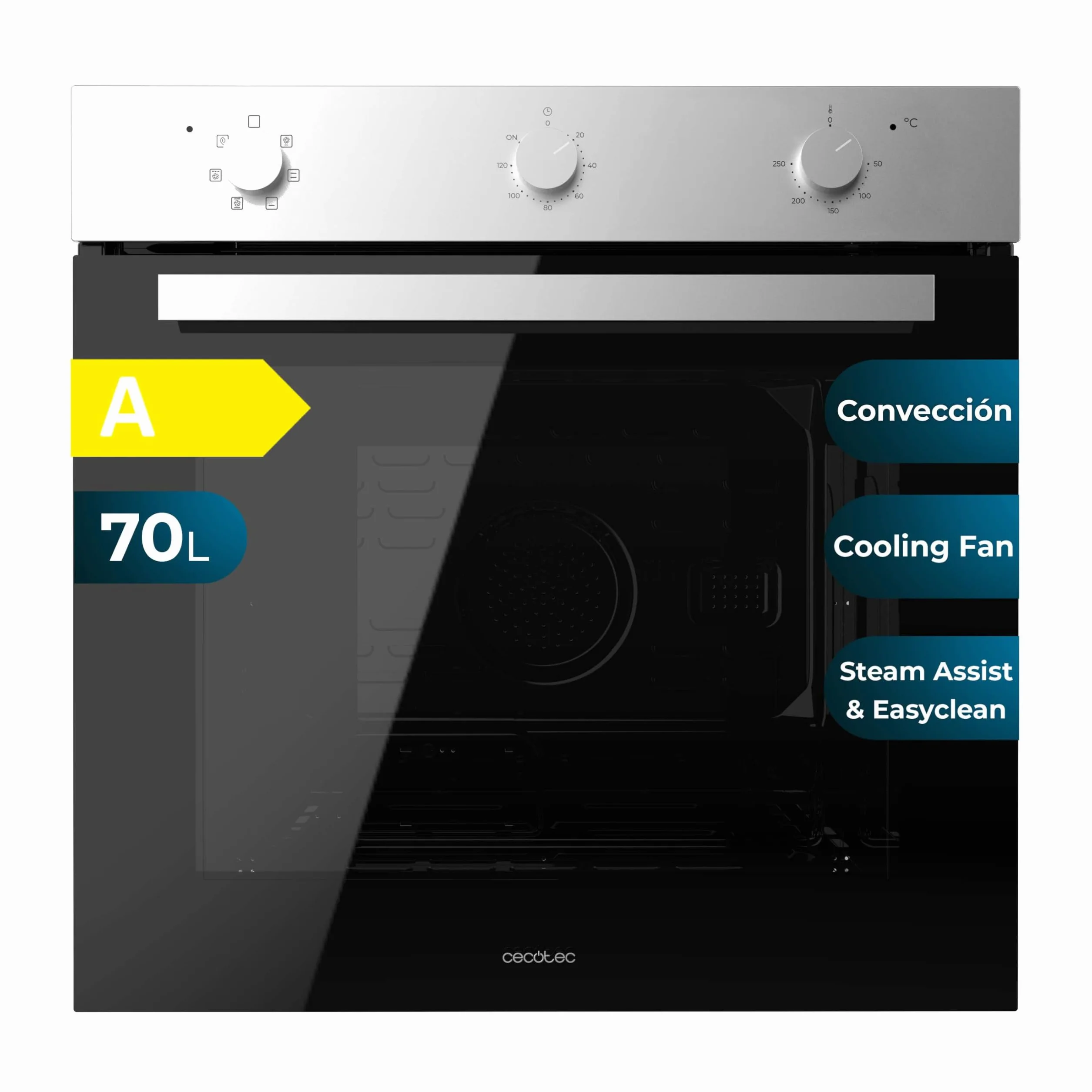Cecotec Horno Integrable Multifunción 70L Bolero Hexa M236000 Inox Time. 2800W, 6 Funciones, Temporizador, Steam Base XXL, Steam Assist, Steam EasyClean, Cooling Fan, Modo Defrost, Eco, Convección
