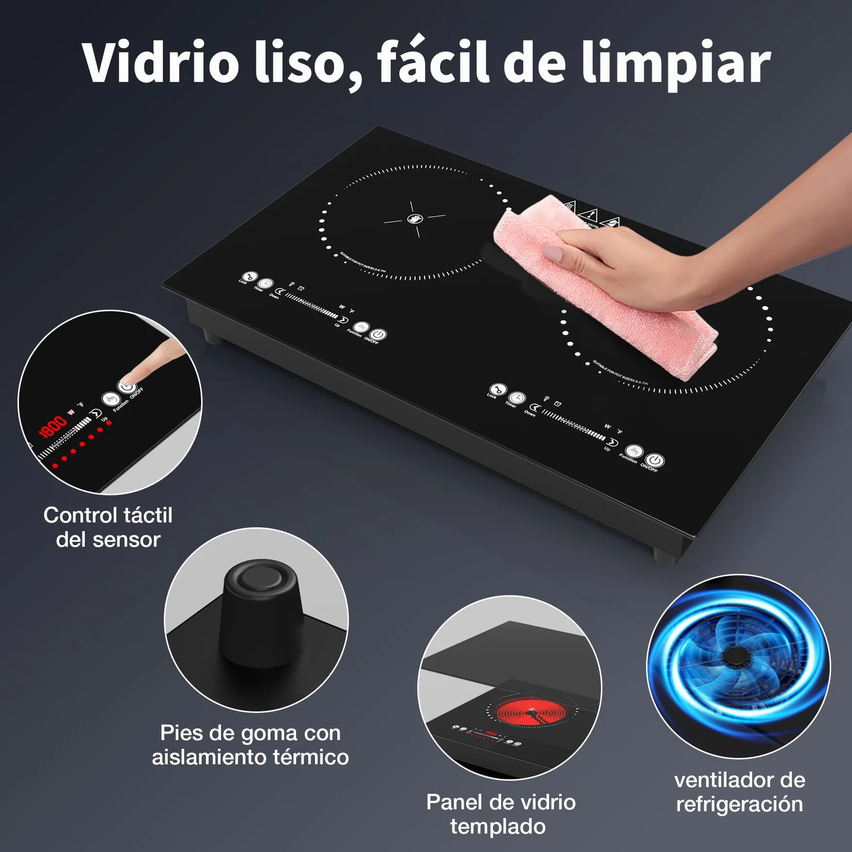 VBGK placa vitroceramica,220V 3600W placa de vitroceramica con Control táctil LED,9 niveles de potencia,Bloqueo para niños & Temporizador de 4 horas,Protección contra sobrecalentamiento de la estufa,