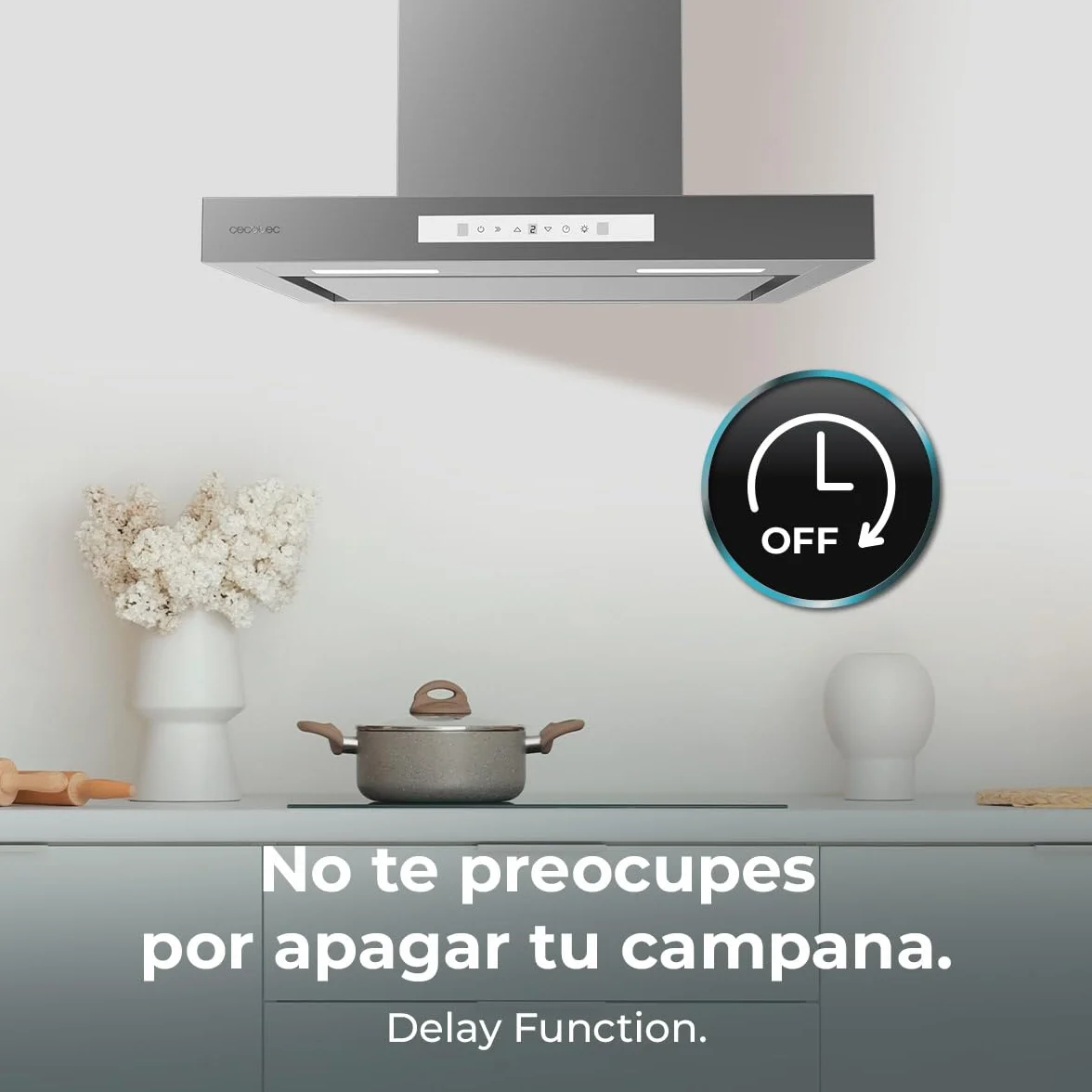 Cecotec Campana Extractora 60cm Tipo T Bolero Flux Tt 608000 Slim Glass White A++. Acabado Acero Inox Succión 800M3/H, Bajo Consumo, Display Táctil, Filtro Carbono, Hand Movement Control