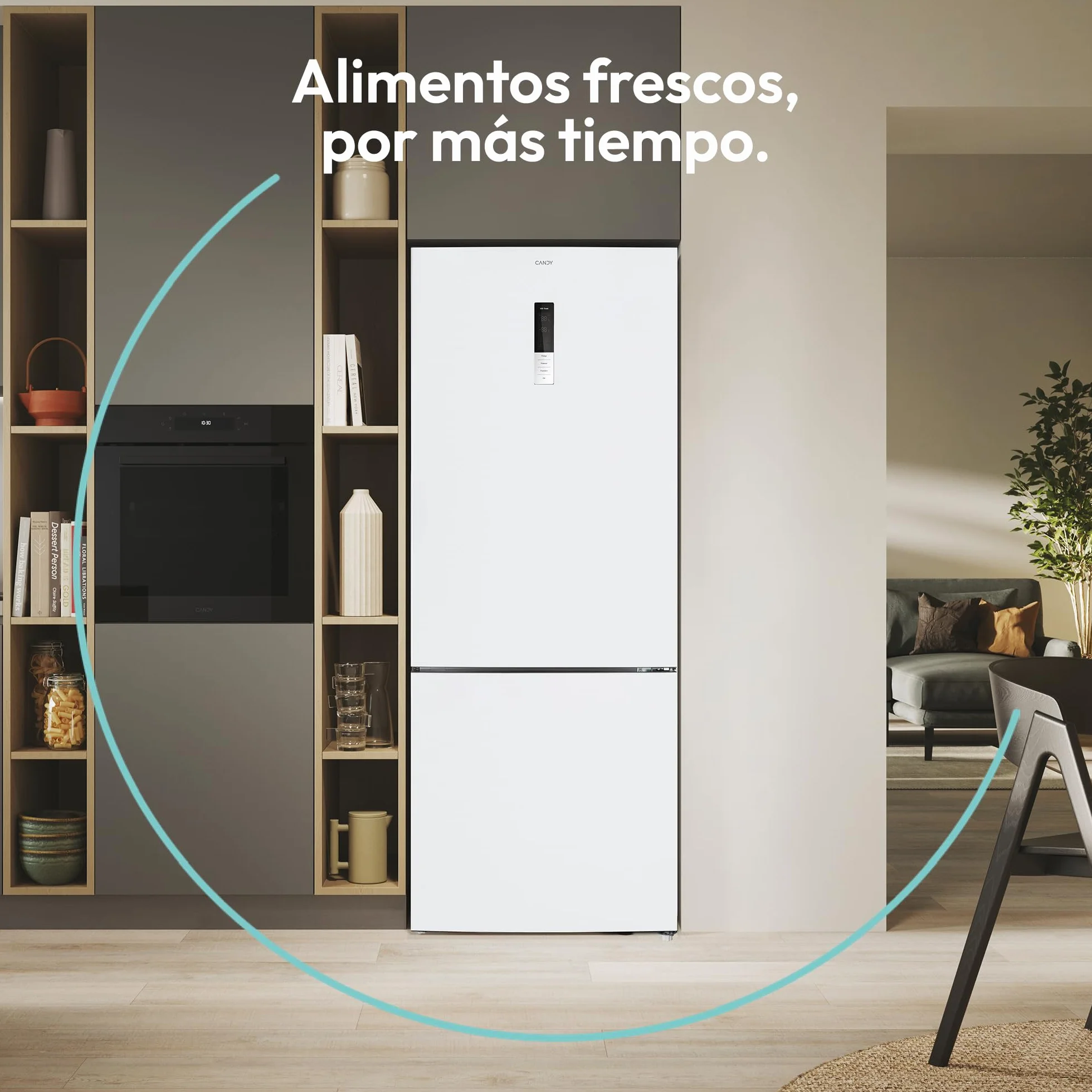Candy Combi 70 CCG5T718EW1, Frigorífico Combi, 442L, Total No Frost Circle+, 3 Estantes, 4 Balconeras, 2 Cajones Verduleros, Control Digital Interno, Ancho 70 cm, Alto 185,5cm, Iluminación LED, Blanco