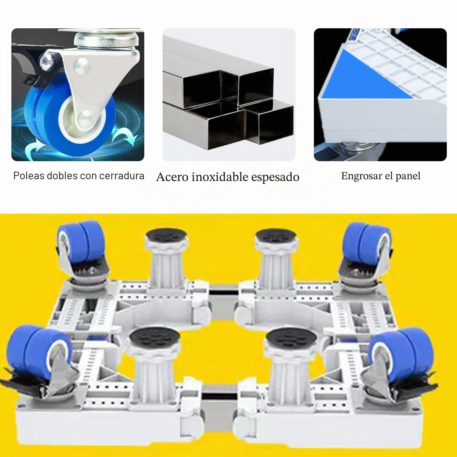 Base extraíble para lavadora, base ajustable de 41 a 64 cm, para secadora, frigorífico, alta resistencia, amortiguador y reducción de ruido [clase energética A+++] (4 patas y 4 ruedas)
