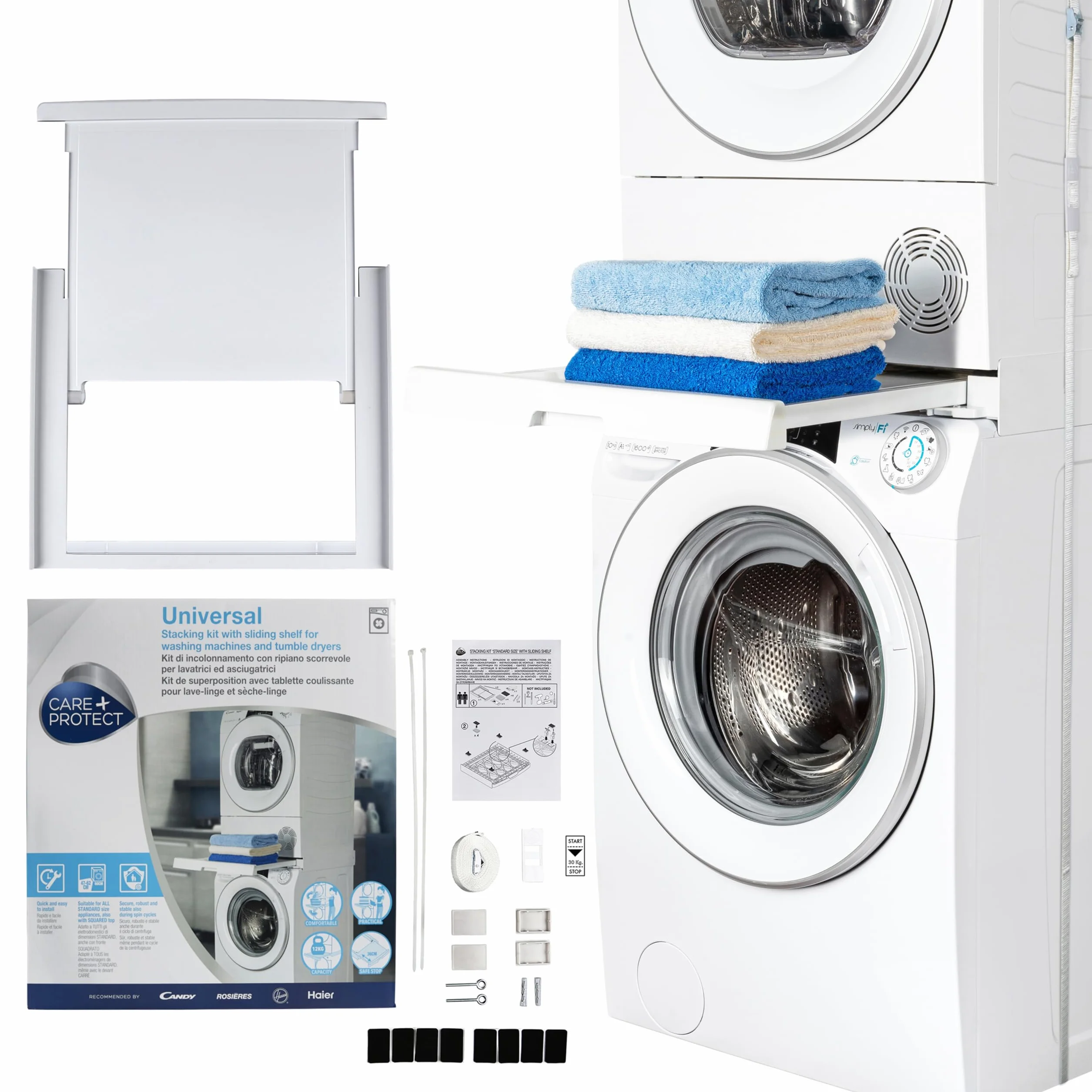 C+P Kit de Unión Universal con Estante Deslizable para Lavadoras y Secadoras, Apto para Lavadoras con Profundidad de 47-62 cm, Fácil de Instalar, Blanco, Lavadoras con Panel Recto