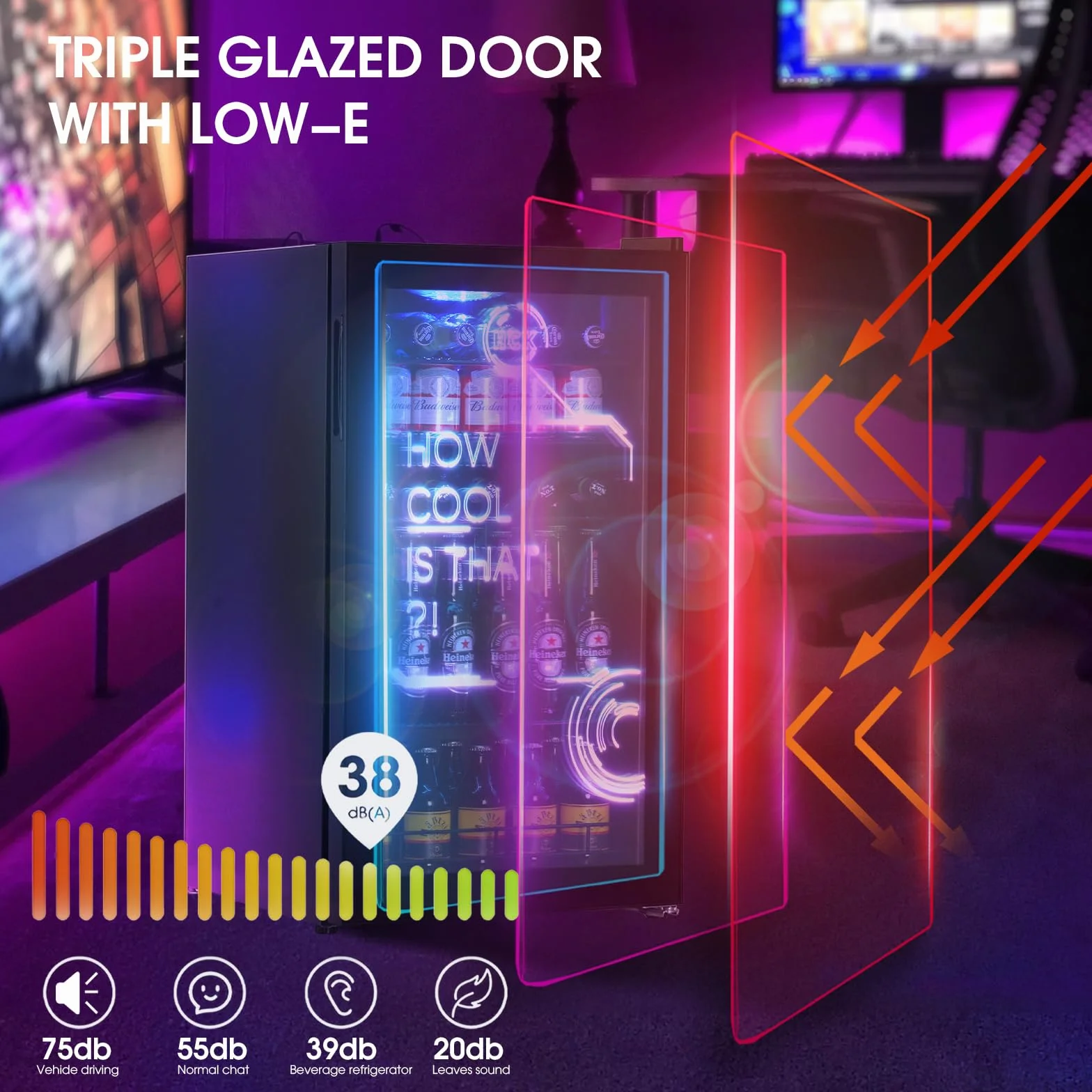 HCK Nevera Pequeña 98L, Mini Nevera con Iluminación Moderna Cyberpunk, Frigorifico Puerta Cristal de 0 a 10°C, Para Sala de Juegos, Fiesta, Negro