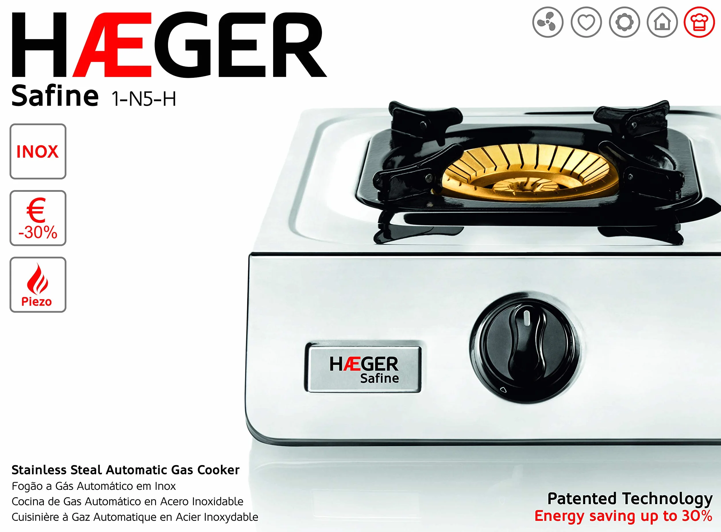 HAEGER SAFINE Kuchenka gazowa z podwójnym palnikiem 110mm, INOX, zapłon PIEZO