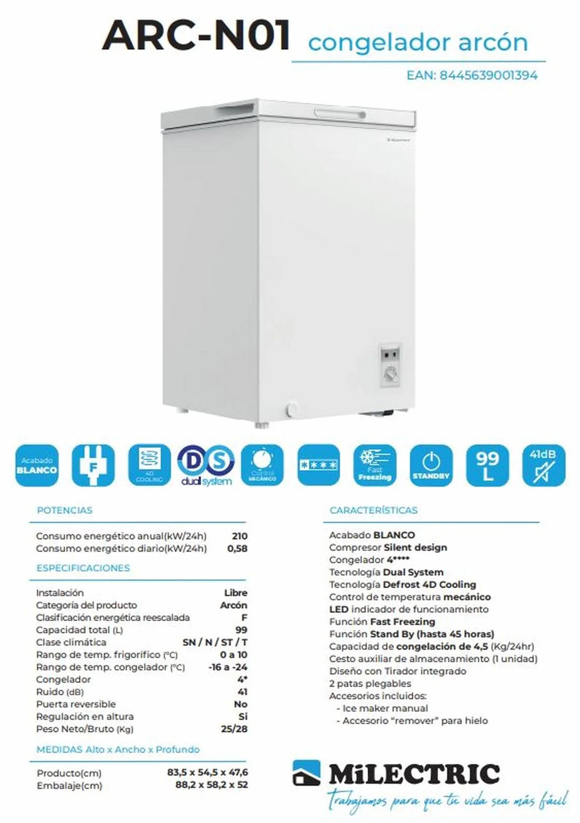 MILECTRIC Congelador Arcon ARC-N01-99 Litros, A+/F, Función FAST FREEZE, Dual System, Control de temperatura