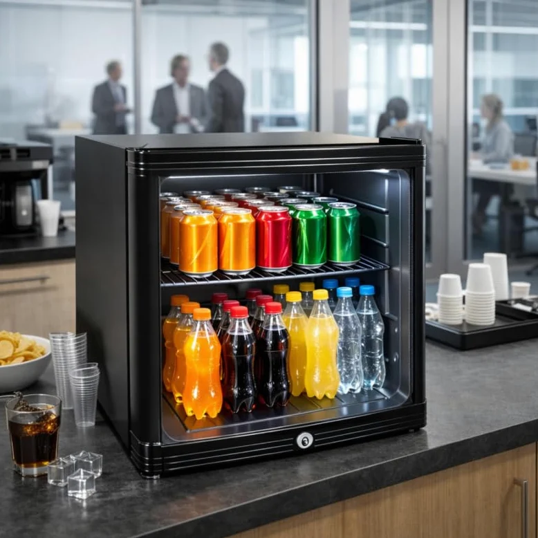 Mini armario para bebidas 52L - Refrigerador compacto positivo ventilado - Temperatura 0/+10°C - Puerta abatible con cerradura - Estante + rejilla - Iluminación LED - Gas R600a - Pies ajustables
