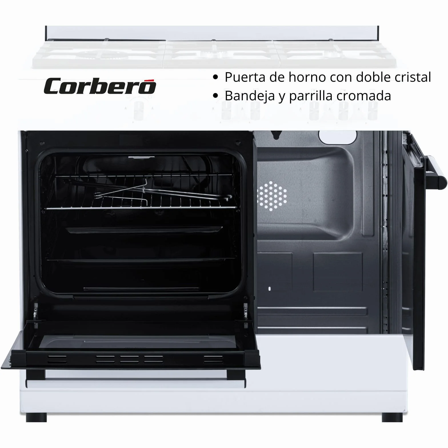 Corberó - Cocina de Gas Butano 5 fuegos | CCSF5GB922W |80x90x60| Horno 60L | Wok a la Izquierda | Encendido Manual | Cajón Calientaplatos | Bandeja y Parrilla Extra Gruesa | Con tapa | Blanco