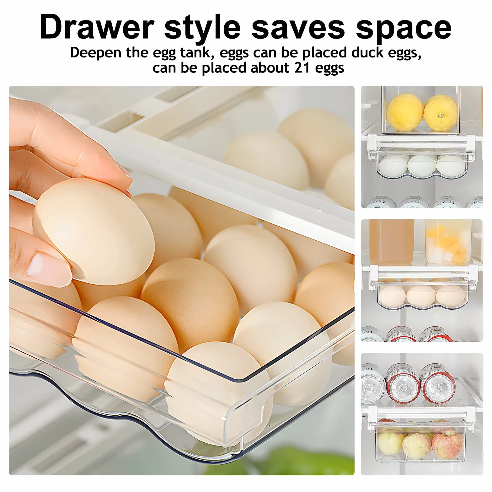 Organizador de Huevos con Cajón para Refrigerador Caja para Huevos Transparente con Cajón Extraíble Dispensador Automático para Hasta 21 Huevos Ahorra Espacio en PET