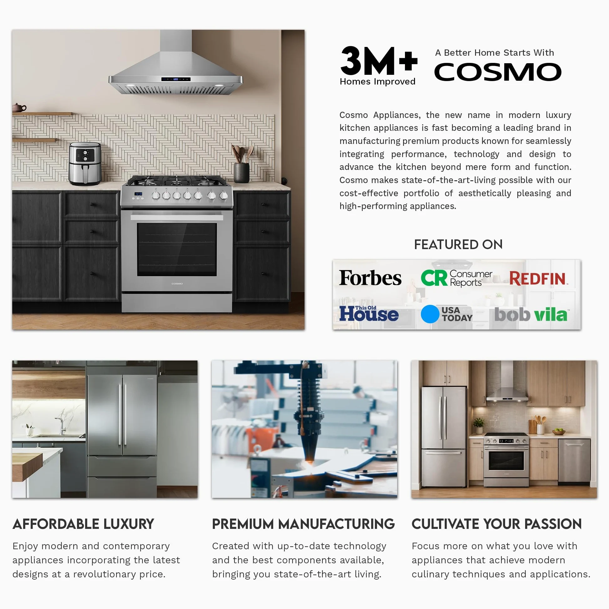 COSMO COS-30IRHS - Campana extractora Lumin Collection 380 CFM con conductos, controles táctiles, luces LED, acero inoxidable