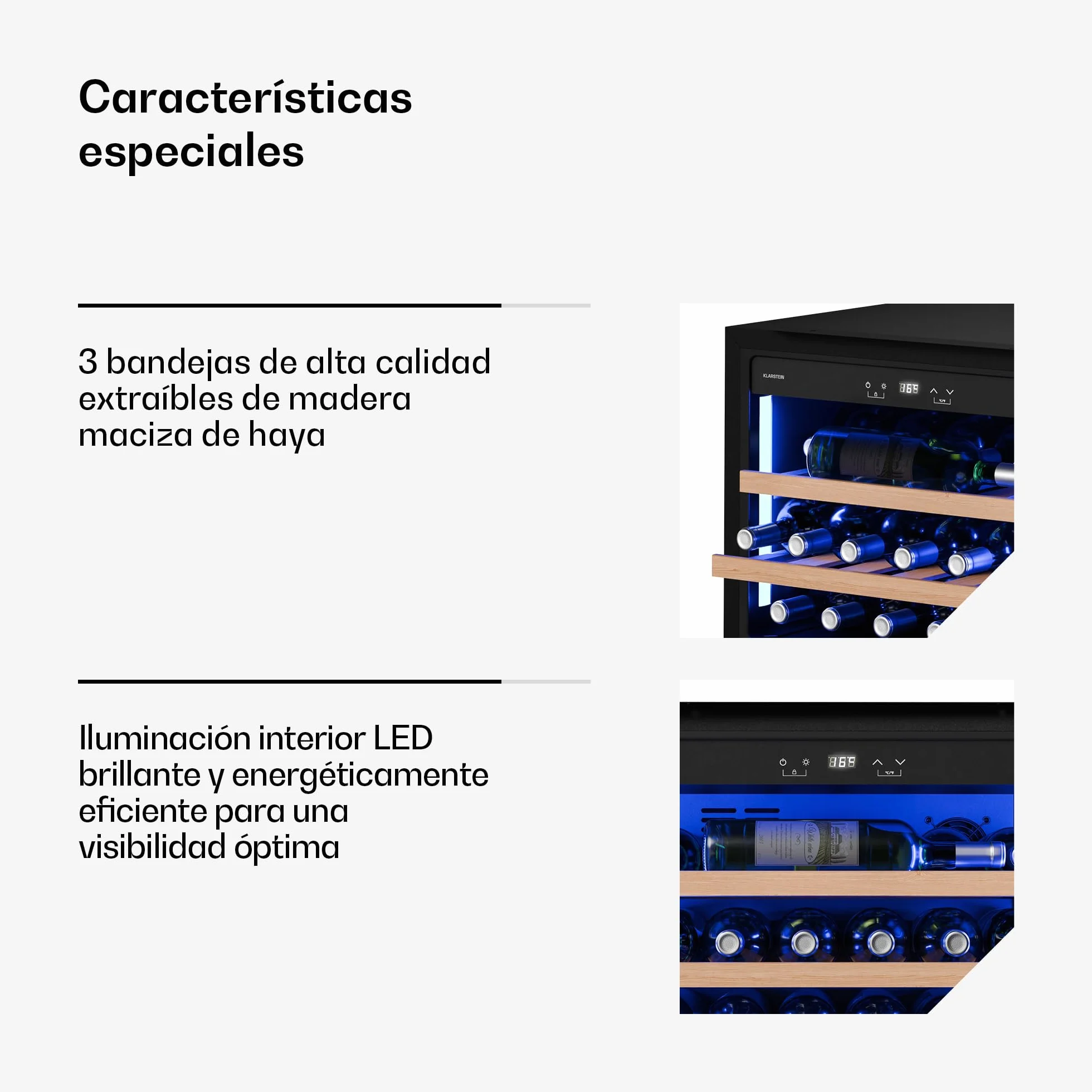KLARSTEIN Illuminosa Vinoteca Integrable - 19 Botellas, 1 Zona, 5-20°C, LED, Control Táctil, Puerta UV, 3 Estantes Madera, Nevera Vinos Empotrable