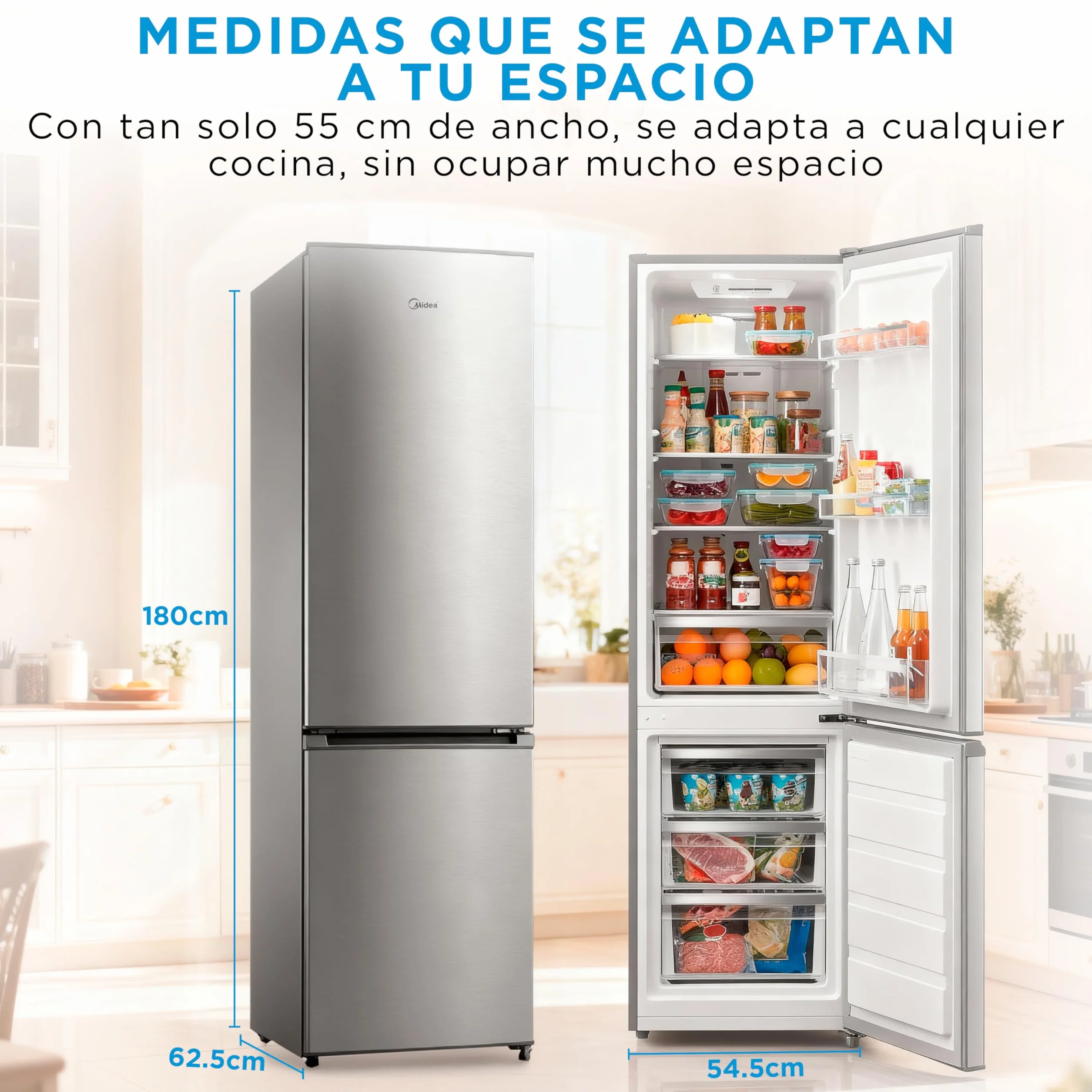 Midea Frigorifico Combi No Frost | 55 cm ancho x 180 cm | Inox | 270L de Capacidad - Nevera Libre Instalación con Congelador Vertical - Refrigerador de Bajo Consumo con Sistema Multi Air Flow