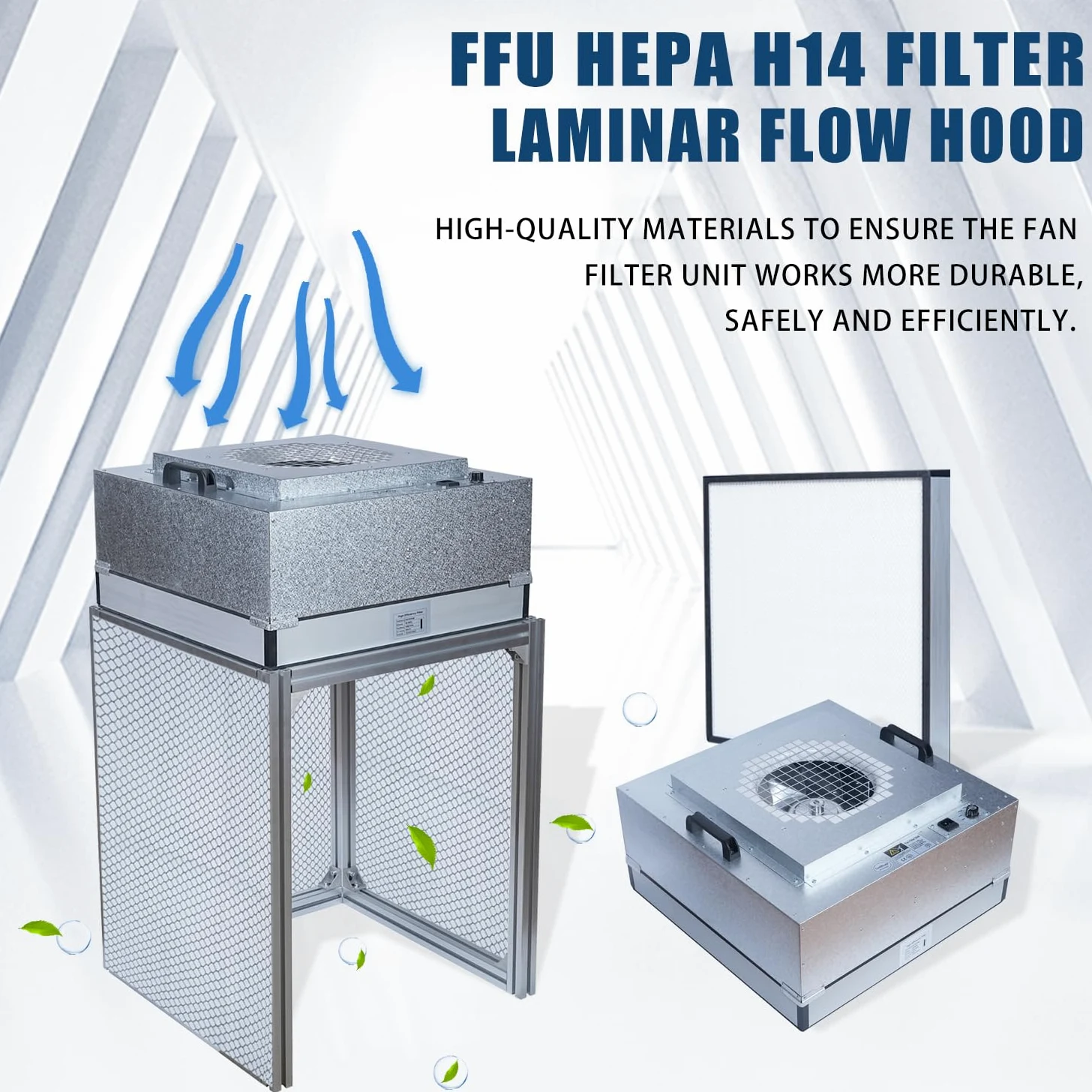 FFU HEPA H14-Filter - Campana de flujo laminar actualizada (incluye filtro HEPA) 100/ISO Clase 5 para sala limpia/laboratorio/sala limpia/sala de hongos, campana de flujo de aire laminar (22.6