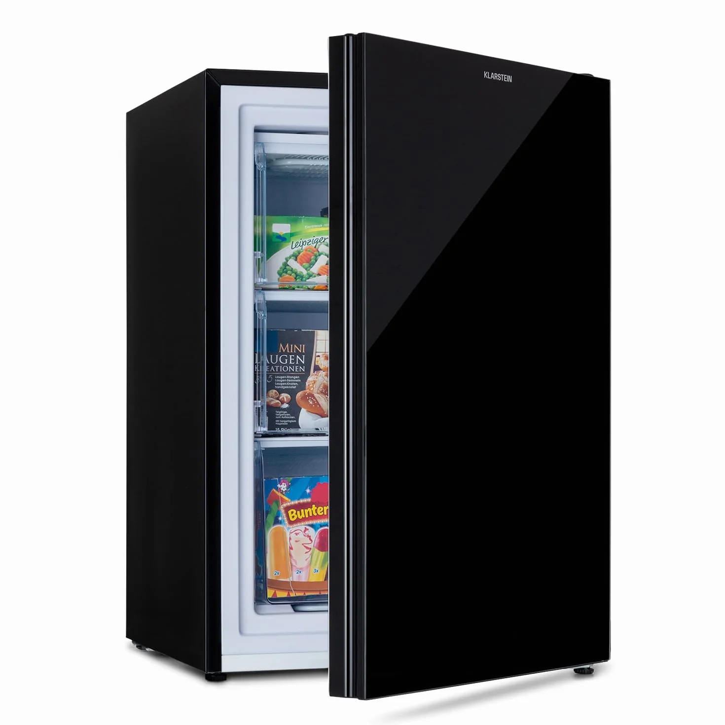 Klarstein Pluto - congelador, puerta frontal, 1 balda, termostato con 5 niveles, hasta -18 °C, patas regulables en altura, 39 dB, 80 litros de capacidad, negro