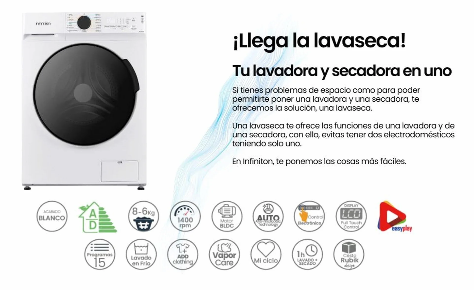 Lavadora-Secadora INFINITON WSD-A685B Carga Frontal 8/6 kg 1400 rpm INVERTER