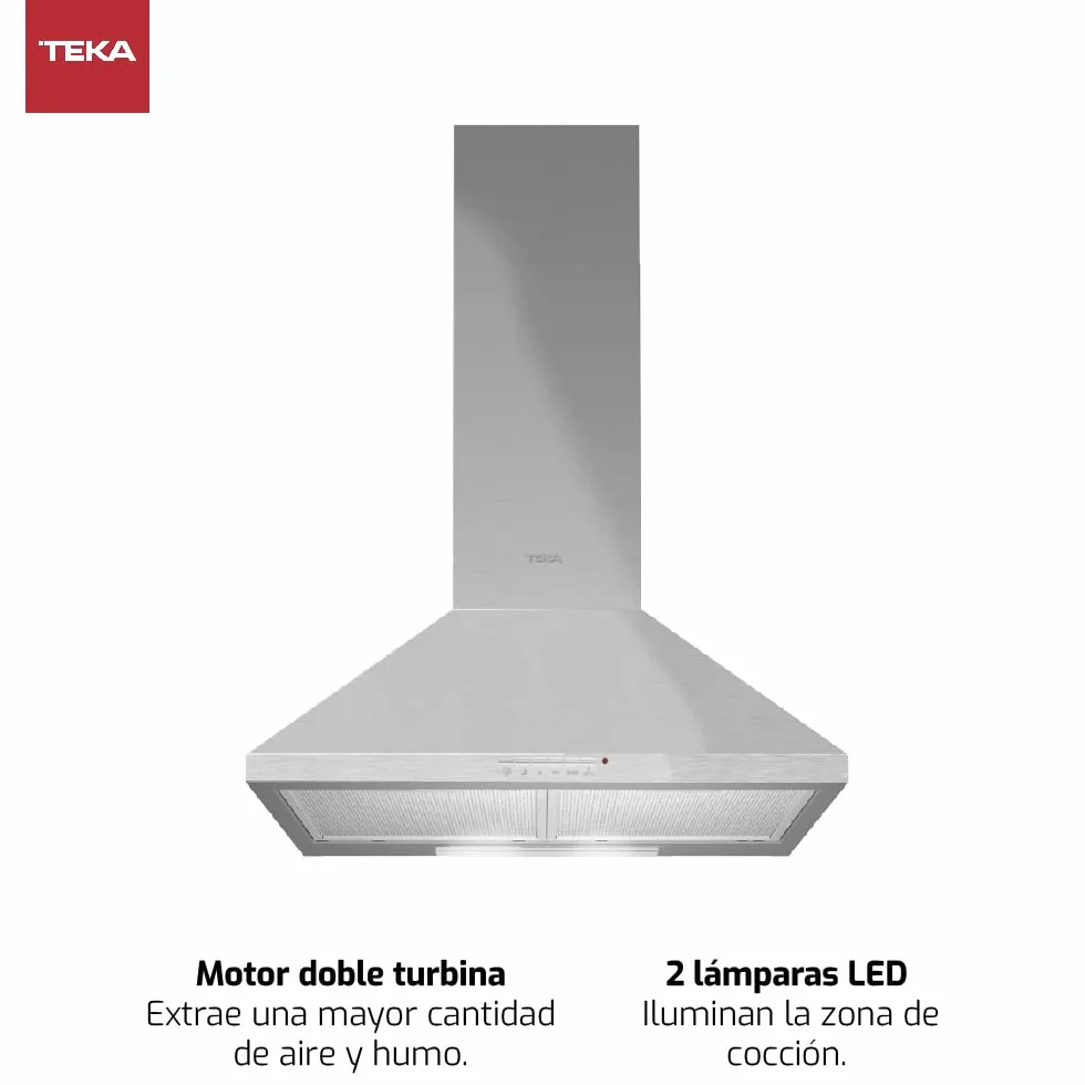 TEKA Campana Extractora de Pared 70 cm, Motor Doble, 3 Velocidades, 2 LED, 380 m3/h, Acero Inoxidable, DBB 70