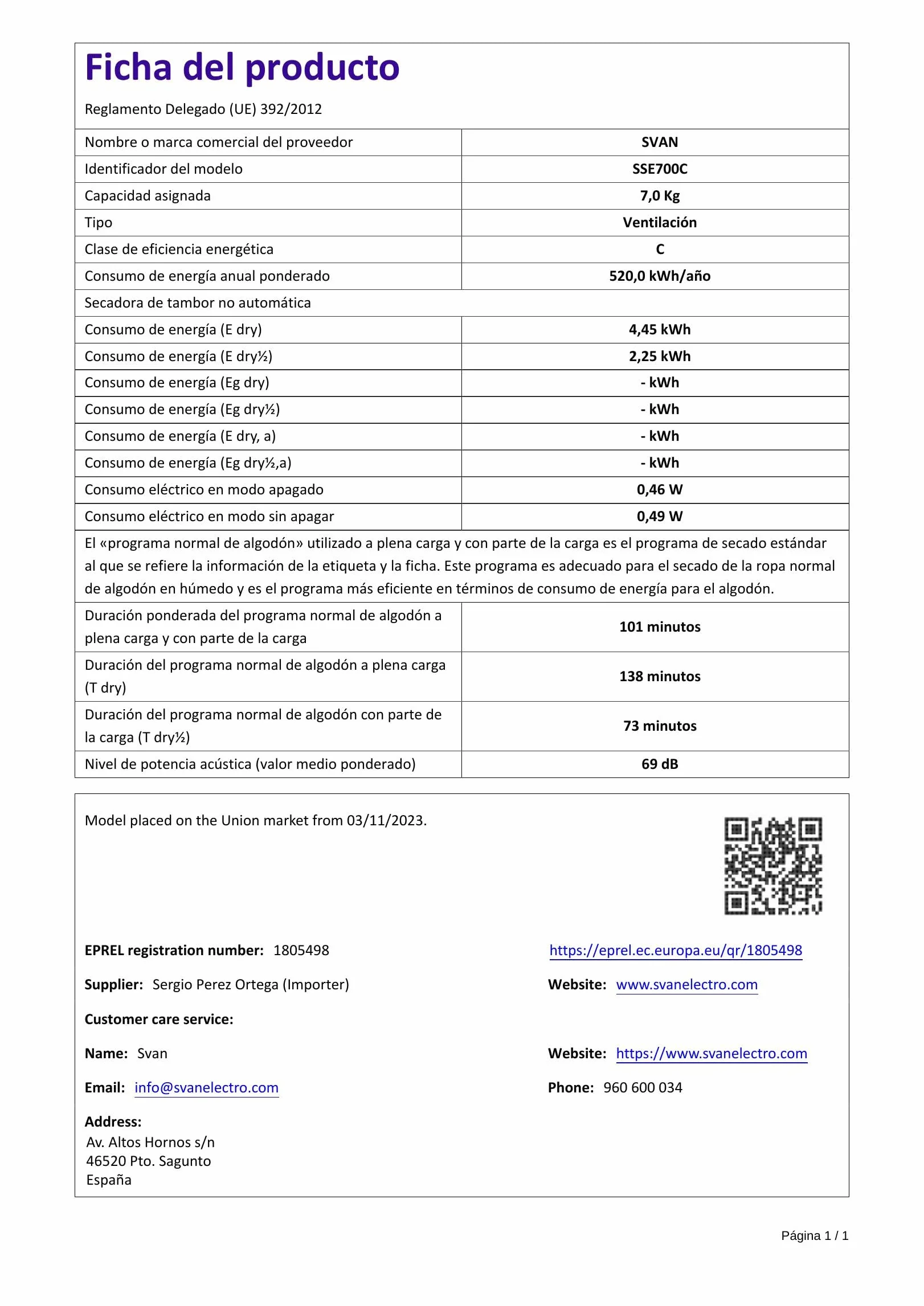 Svan Secadora de Evacuación 7Kg Carga Frontal Blanco SSE700C 2000W 16 Programas
