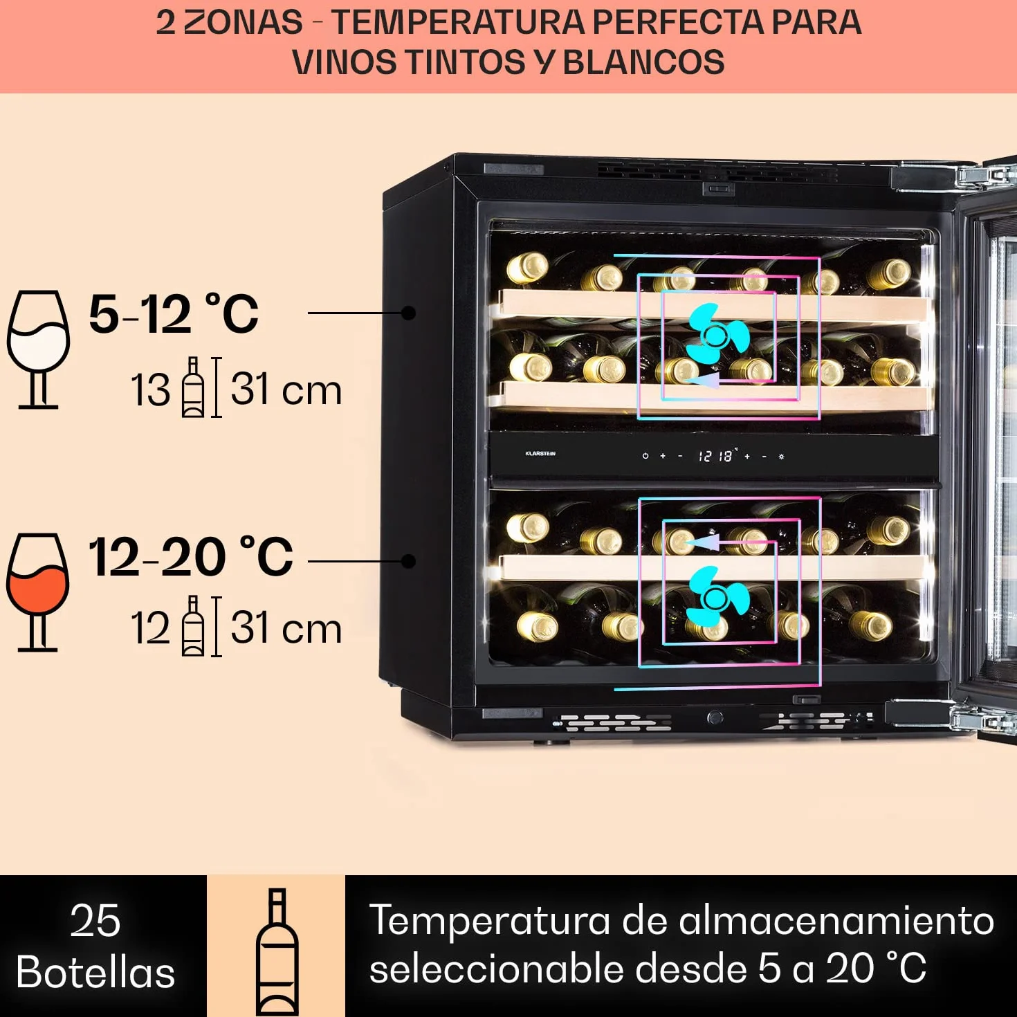 Klarstein Vinoteca de Pie, Nevera para Vinos de Dos Zonas Refrigeración, Nevera para Cervezas Pequeña de Interior/Exterior Puerta de Cristal, Nevera Protección UV, 5-18°C, Botellero 25 Botellas