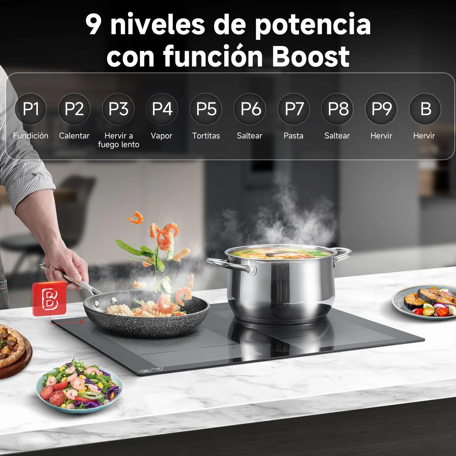 AMZCHEF placa inducción 4 zonas flexibles 7400W 42dB silencioso 9 niveles BBQ