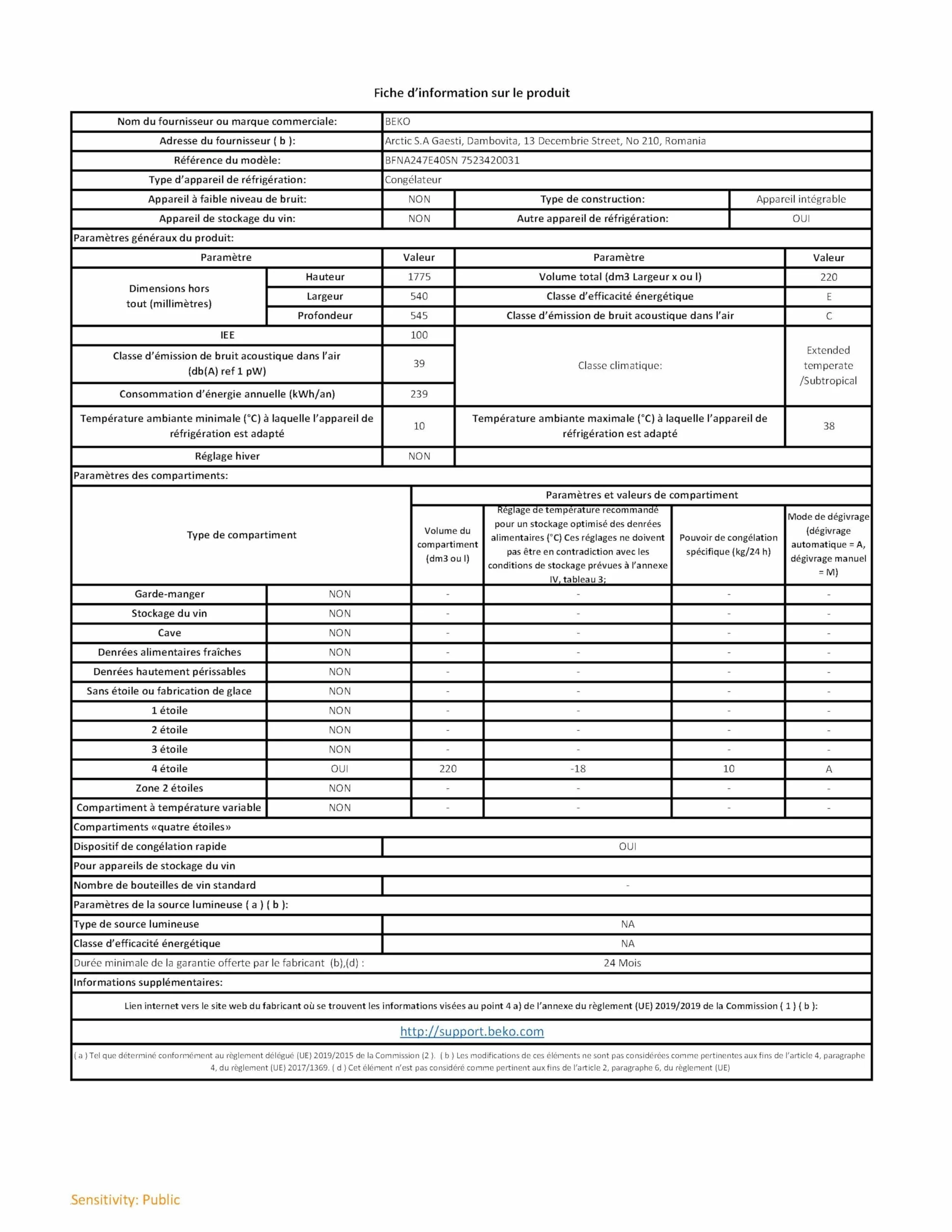Beko BFNA247E40SN Congelatore Incasso