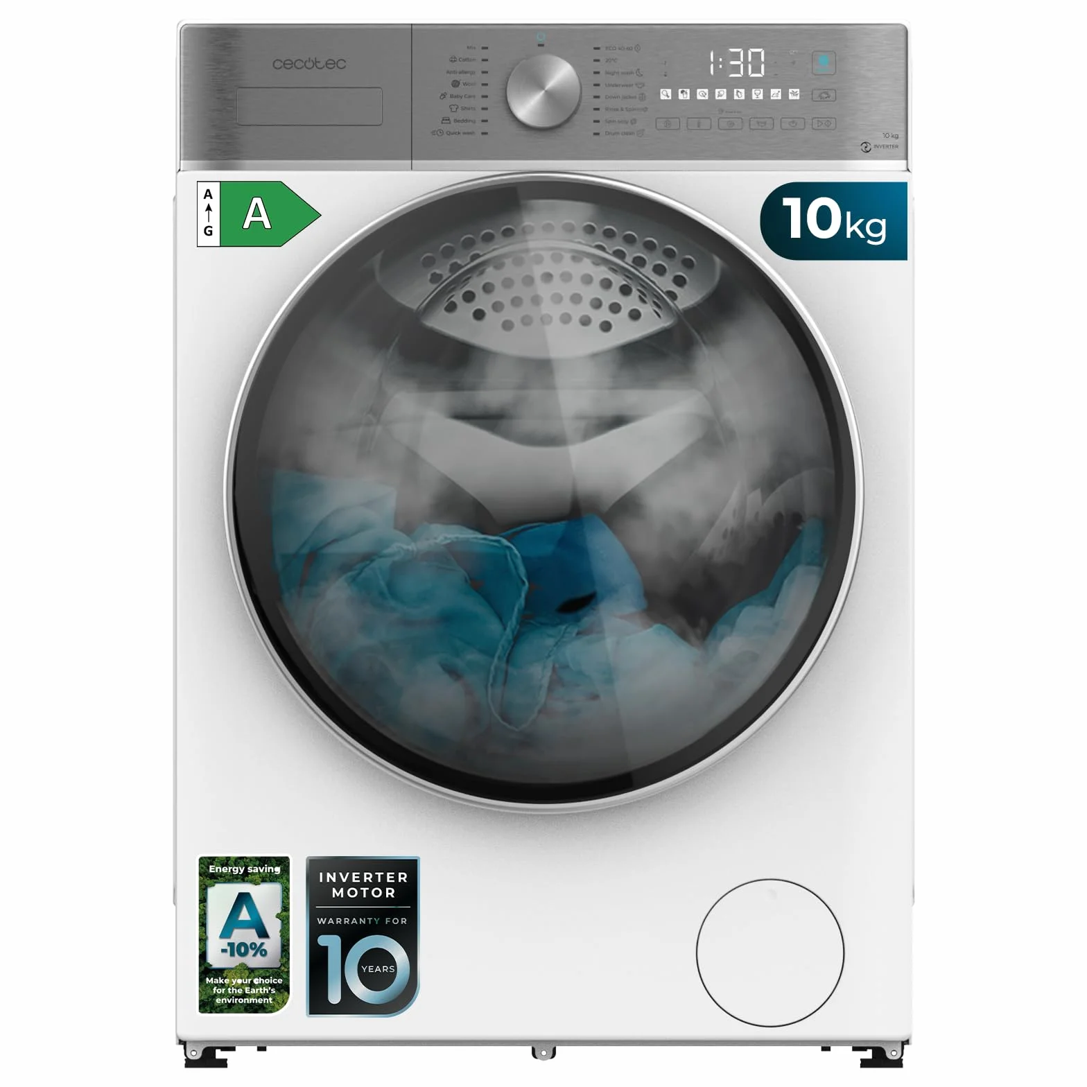 Cecotec Lavadora 10Kg Carga Frontal Bolero DressCode 10800 Inverter A 2000W, 1400 rpm, 16 Programas, Motor Inverter Plus, Vapor SteamMax, Lavado Inteligente, Detector de Carga