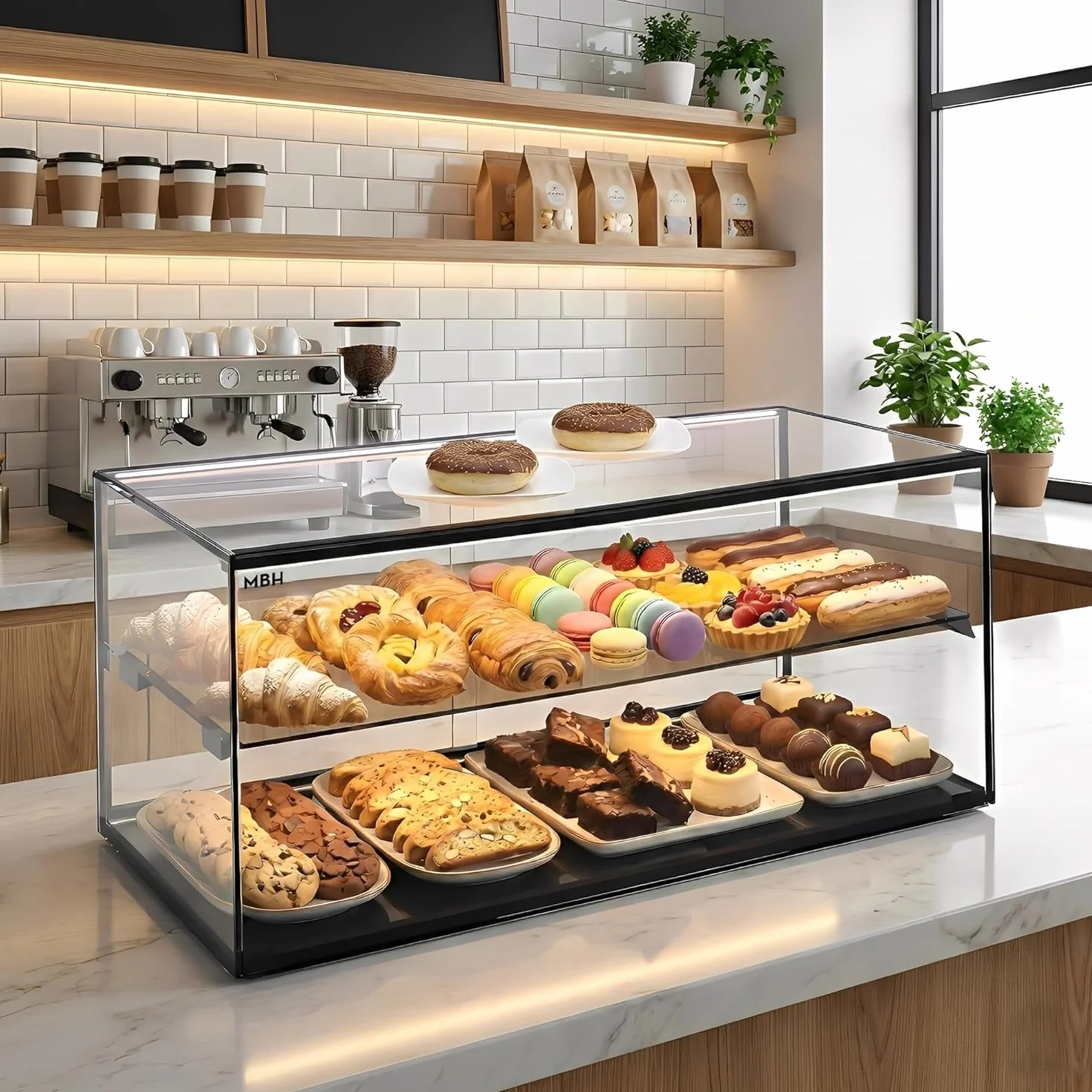 MBH - Vitrina Expositora Neutra de Sobremostrador 92x33 cm, Cristal Recto Templado, 2 Pisos, con Iluminación LED, Puertas Traseras Correderas, para Bar, Cafetería, Restaurante, Bollería y Repostería.