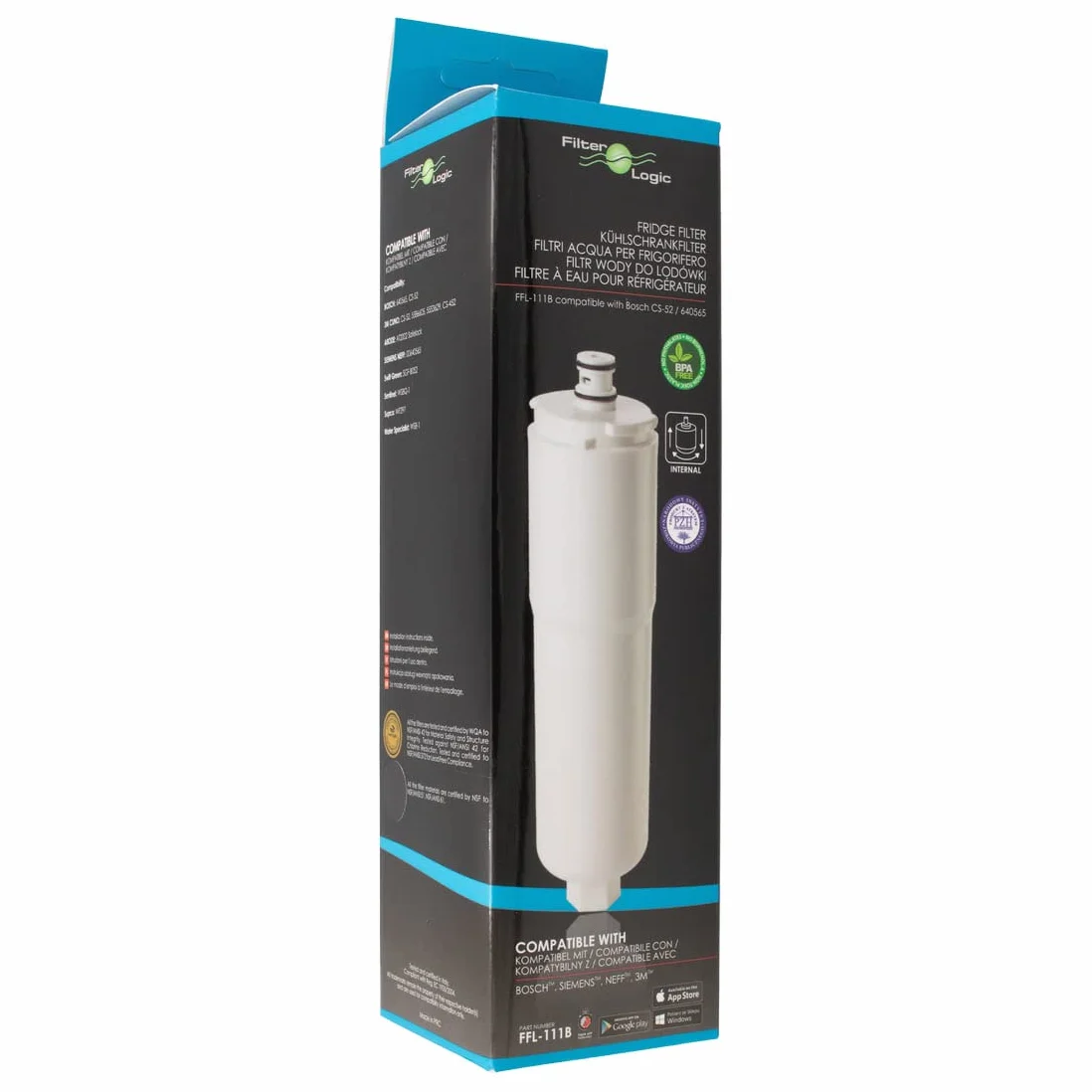 FilterLogic FFL-111B | Paquete de 2 filtros de agua compatibles con 3M CS-52 para Bosch, Siemens, Neff Sistema de filtro de refrigerador 00576336, 576336, 00640565, 640565, CS-452, CS-451, CS-51