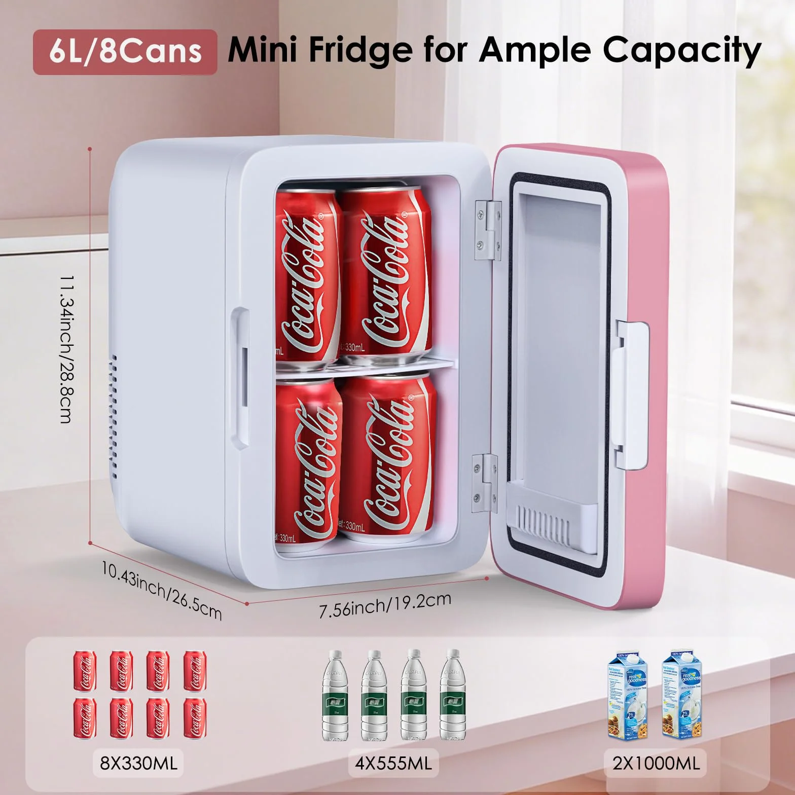 Astarama Nevera Pequeña,6 Litros/8 Latas, 220V AC/12V DC, Enfriador y Calentador Termoeléctrico, Mini Nevera Compatible Coche y Caravanas.Mini Frigorifico Para Bebidas, Cosméticos. (Rosa)
