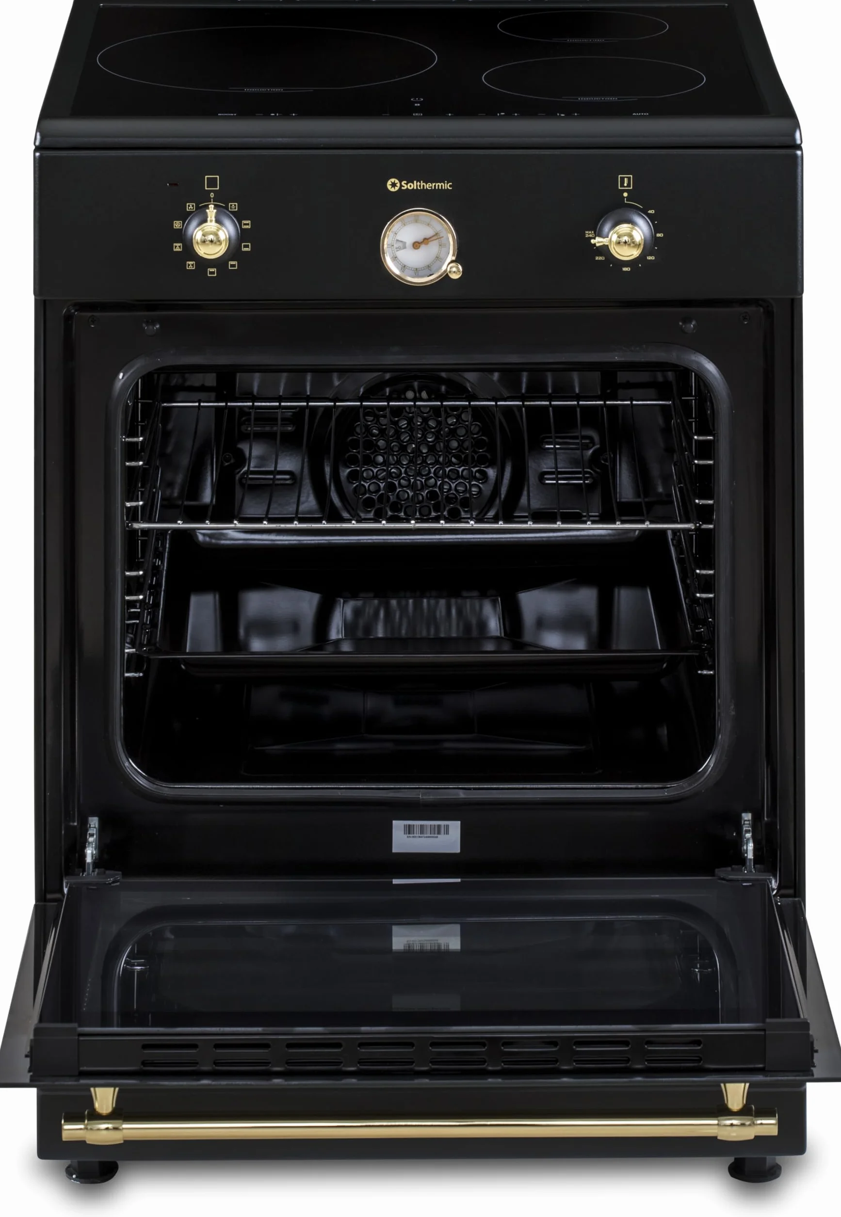 INDUCCION COCINA SOLTHERMIC 60x60 VTI60 NEGRA ACABADOS DORADOS/HORNO GRAN CAPACIDAD CON TURBO 60L / FUNCIONES BOOSTER, ALTA POTENCIA, CALENTAMIENTO RÁPIDO / 3 ZONAS (1 GRAN ZONA) / BAJO CONSUMO (A)