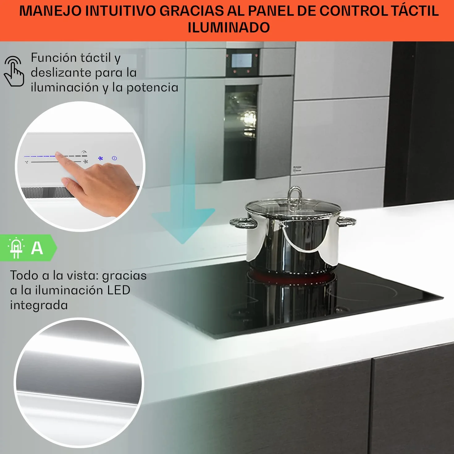 Klarstein Royal Flush Eco 60cm - Campana extractora retráctil, 576 m³/h, Touch-To-Slide, LED, eficiencia energética A++, acero inoxidable y cristal, recirculación/extracción de aire