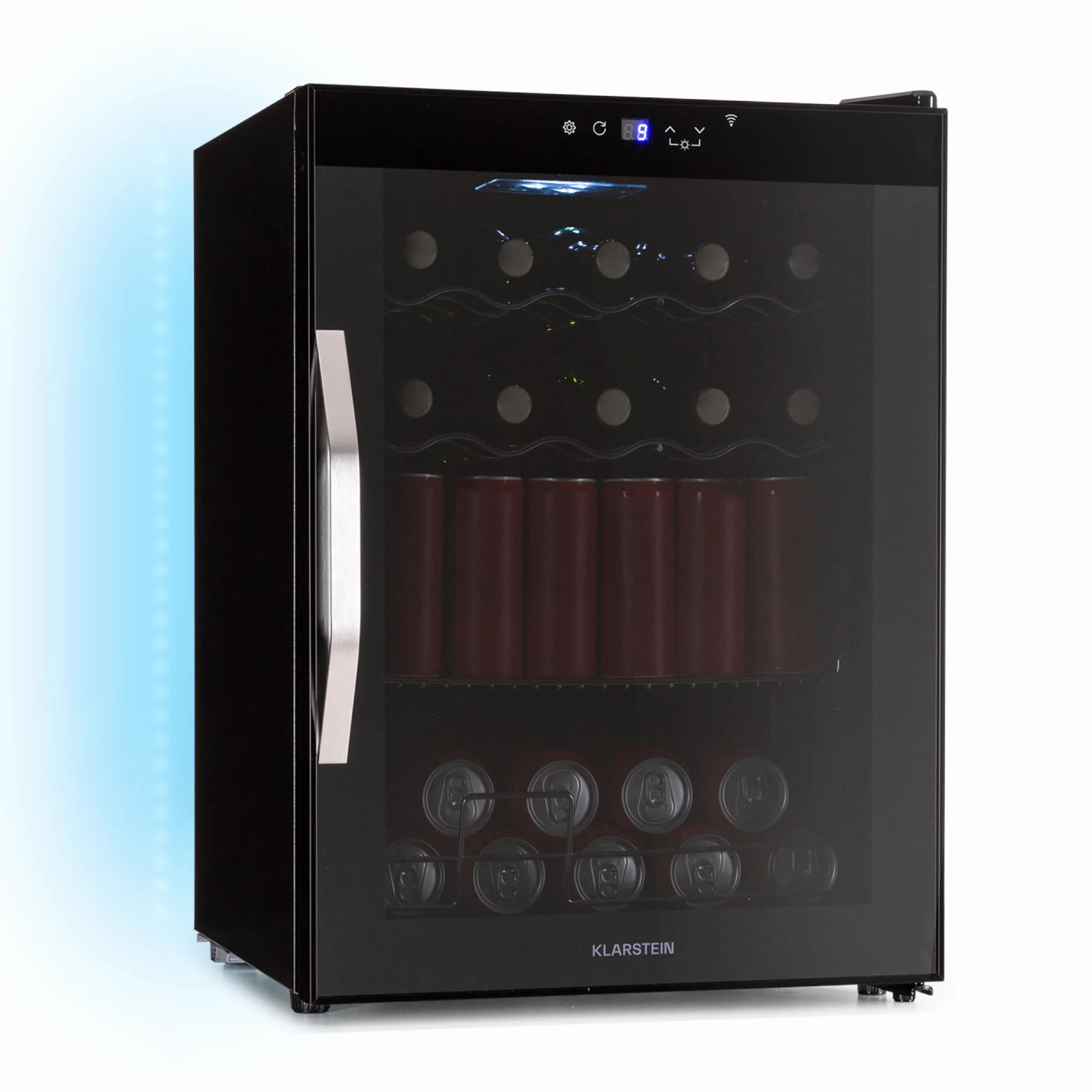 KLARSTEIN Coachella 60 Nevera para Bebidas - 60L Frigorífico para Bebidas con Wifi, Puerta de Cristal, Iluminación Led, 3-18°C, 3 Estantes Metálicos, 7 Colores, Negra