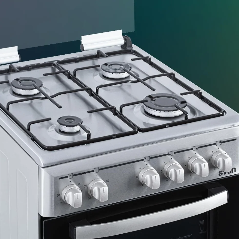 Svan Cocina Mixta Gas Butano 4 Zonas de Cocción, Horno 48 L, Inox SKM4501X. Control Manual, 5 Programas de Cocción, Cristal en Puerta de Doble Capa, Tapa Abatible