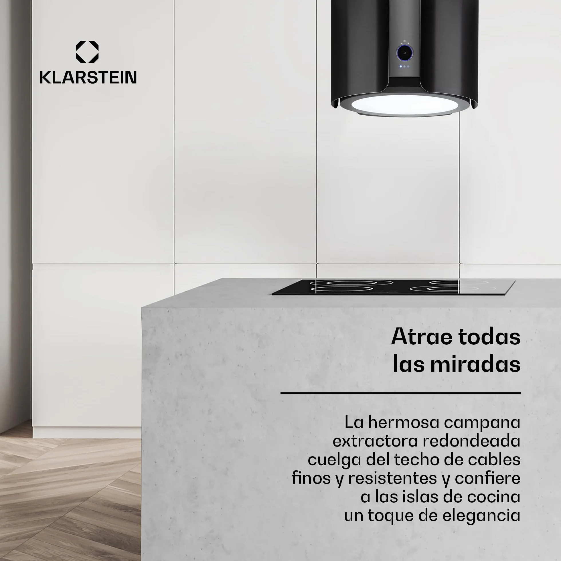 Klarstein Skyfall Smart – Extractor de humo tipo isla, campana aislada, control por aplicación móvil, 45 x 42 cm (ØxB), ventilación y extracción, 3 niveles, 402 m³/h iluminación LED, clase C, negro