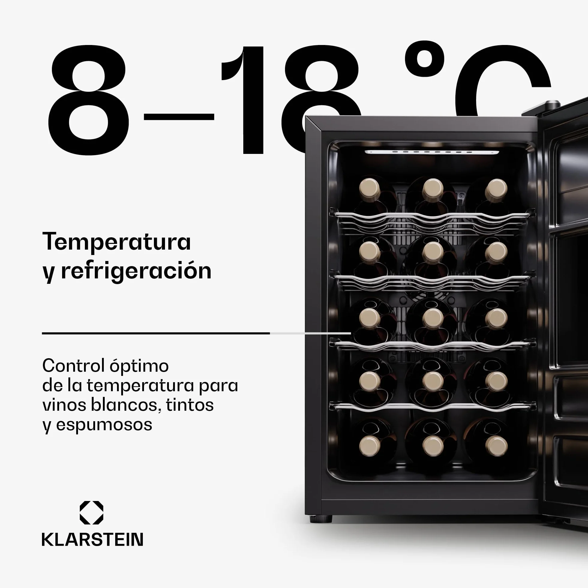 KLARSTEIN Nevera para vino independiente 1 zona, Nevera para bebidas pequeña, Nevera para vino pequeña con puerta de cristal,para botellas interior/exterior, para, 15 botellas