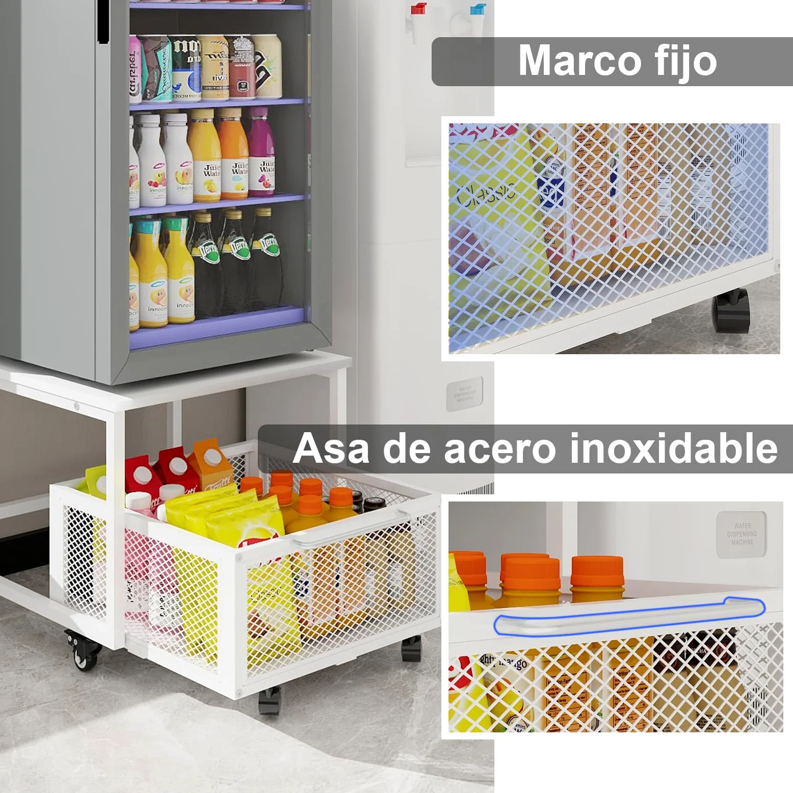 PUNCIA Mueble Soporte Móvil para Mini Nevera con Cesta Metálica Calada | Soporte para Frigorífico Congelador Refrigerador con Base Móvil Estantería con Ruedas para Nevera para Oficina Cocina Salón