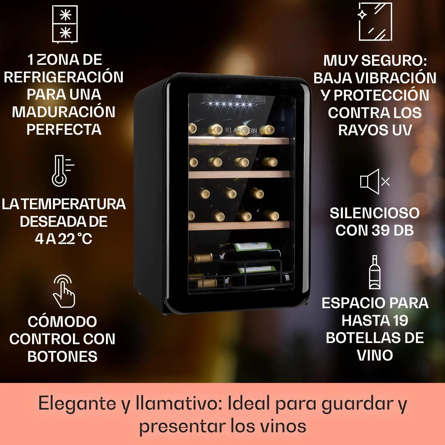 KLARSTEIN Vinoteca 19 Botellas, Nevera Vinos, Una Zona de Refrigeración, Nevera Expositora Vino y Cerveza, Vinoteca Interior y Exterior con Puerta de Cristal, Nevera Vino con Protección UV, 4-22°C