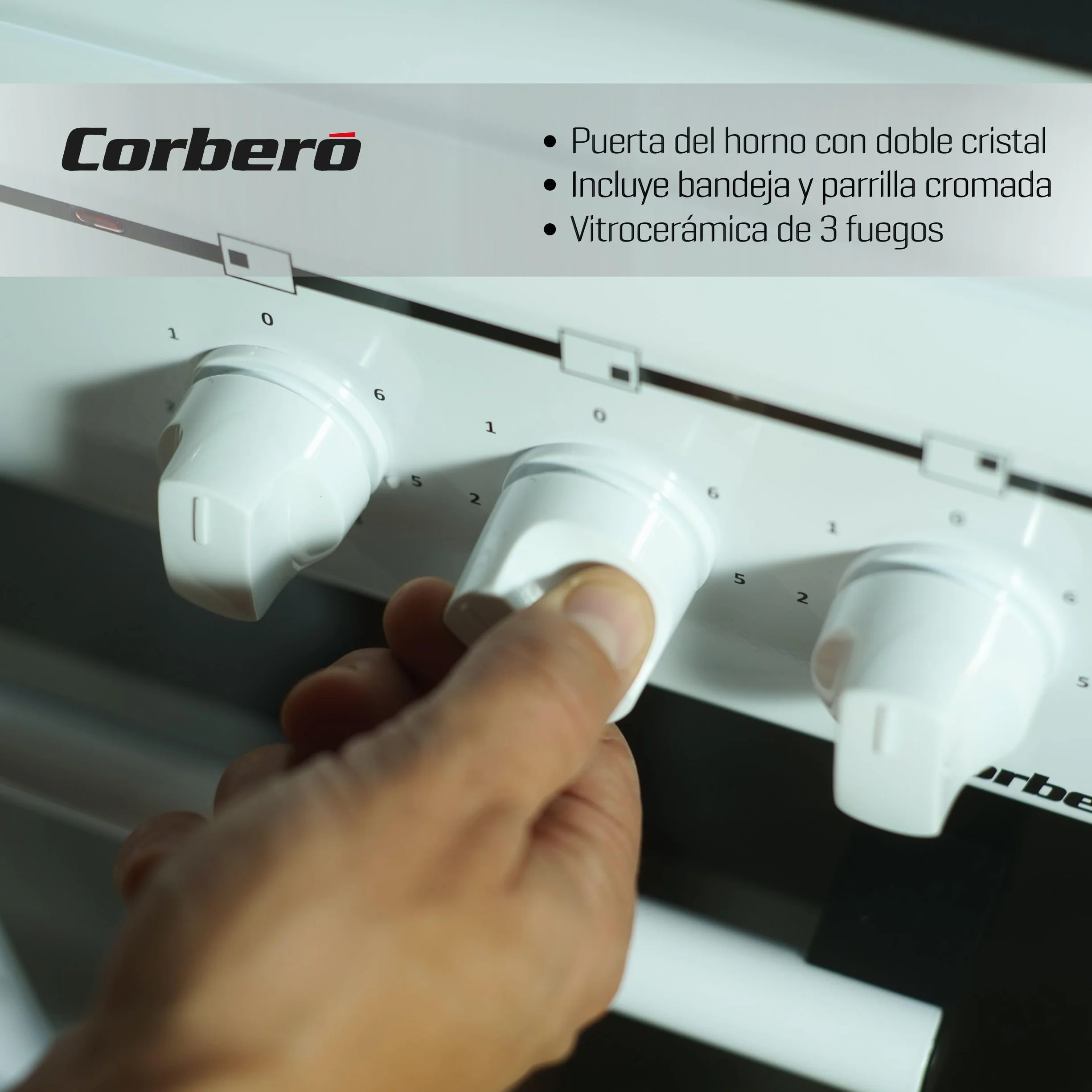 Corberó Cocina Eléctrica Vitrocerámica 3 Fuegos CCSF503VW Horno 48L Doble Puerta Cristal Blanco